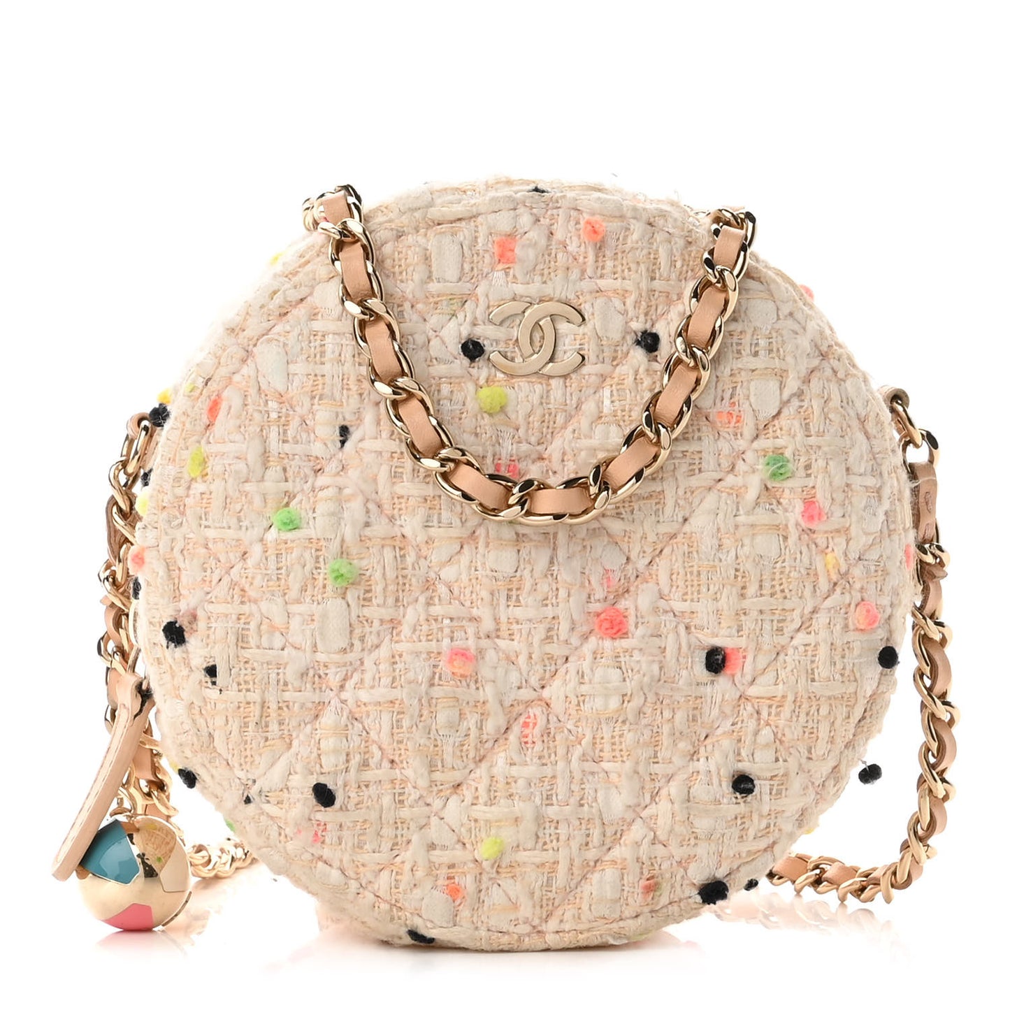 Tweed Quilted Round Clutch With Chain Multicolor