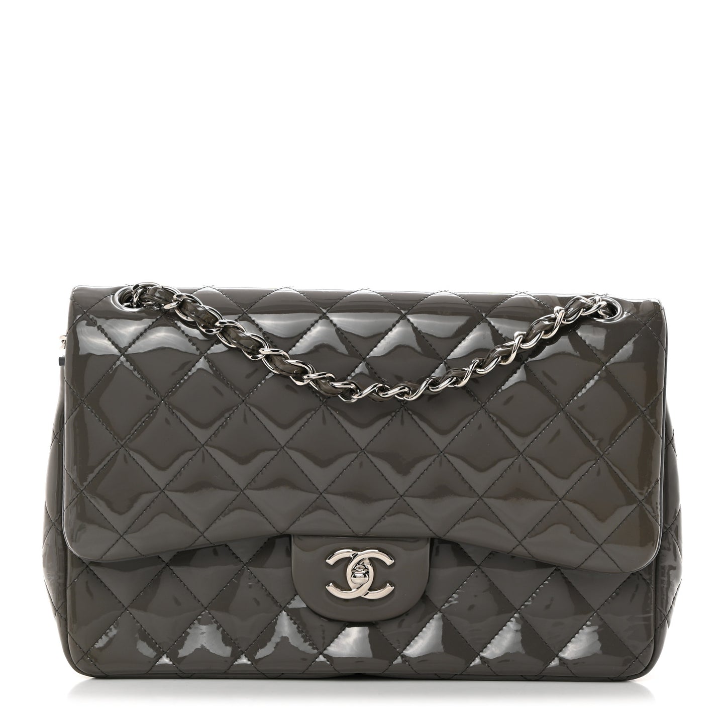 Patent Calfskin Quilted Jumbo Double Flap Grey