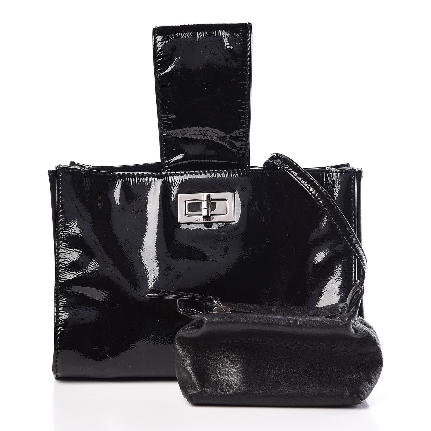 Chanel Patent Mademoiselle Lock Convertible Wrist Clutch Bag Black 3 of 11