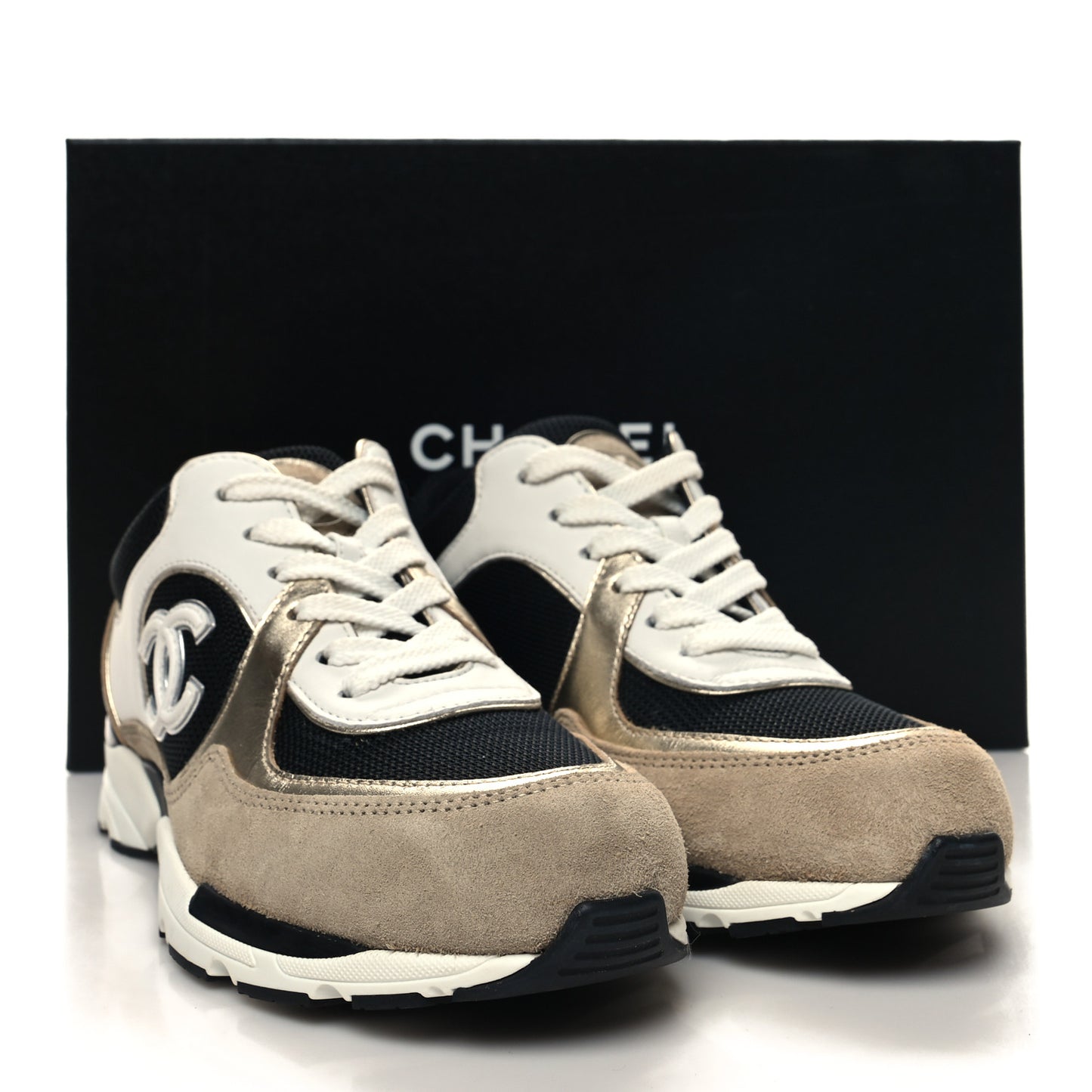 Mesh Suede Calfskin Womens CC Sneakers 35.5 White Black Beige Gold