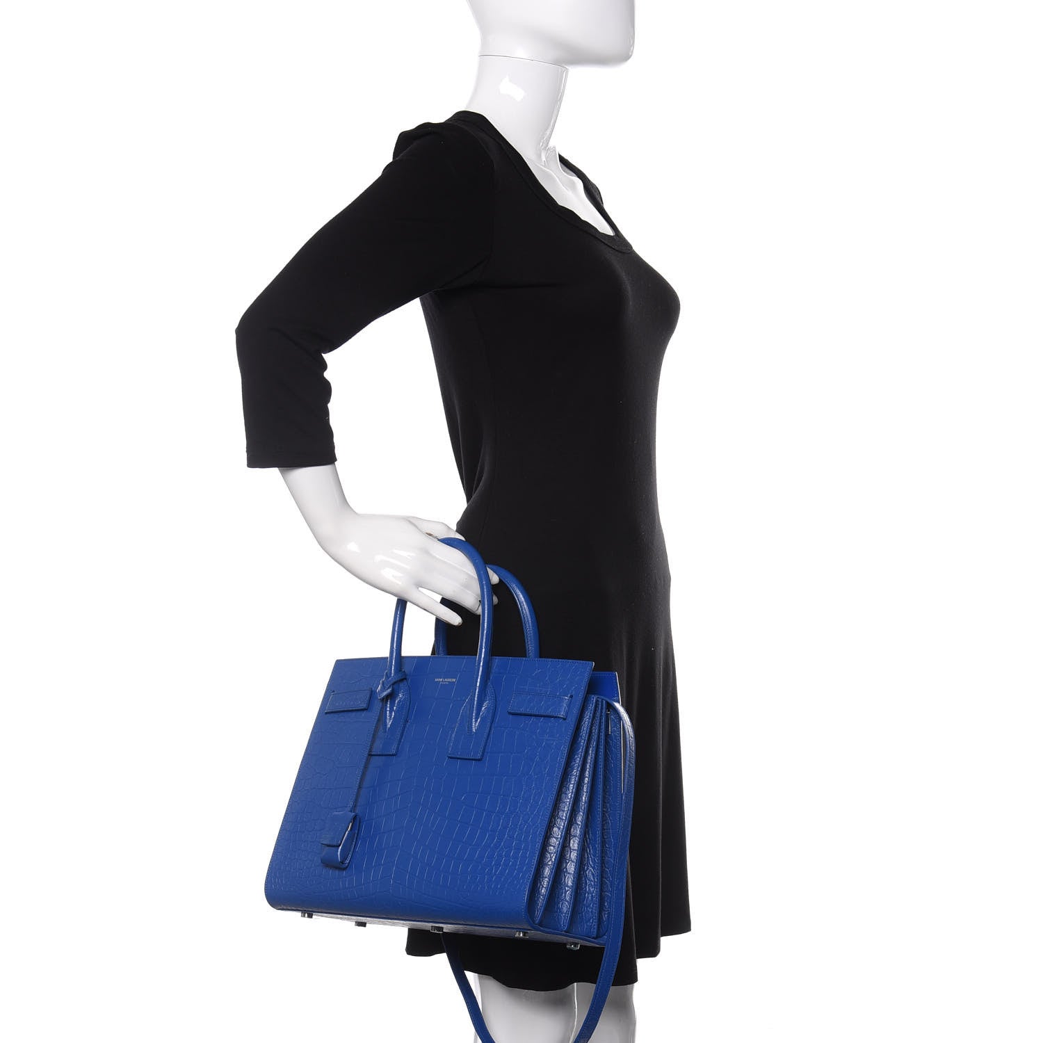 Saint Laurent Calfskin Crocodile Embossed Small Sac De Jour Royal Blue 3 of 14