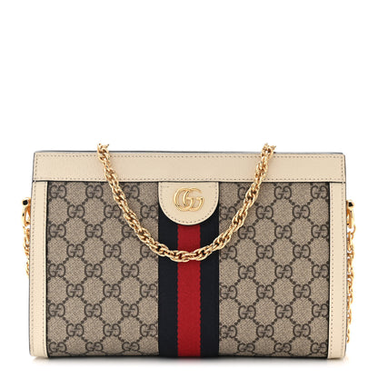 Gucci GG Supreme Monogram Textured Calfskin Web Small Ophidia Chain Shoulder Bag Beige Ebony Mystic White 1 of 9