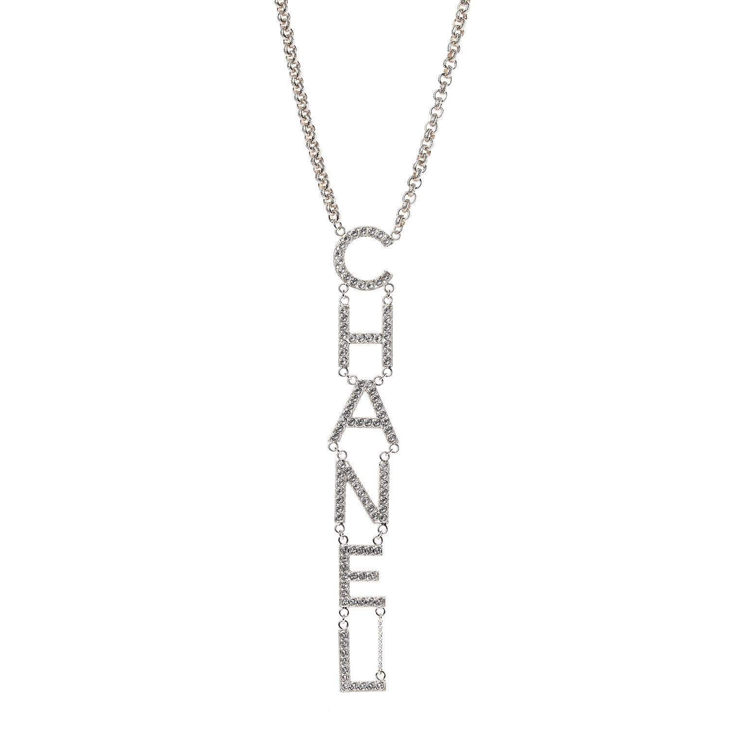 Chanel Metal Crystal Cha-Nel Logo Necklace Gold 1 of 6