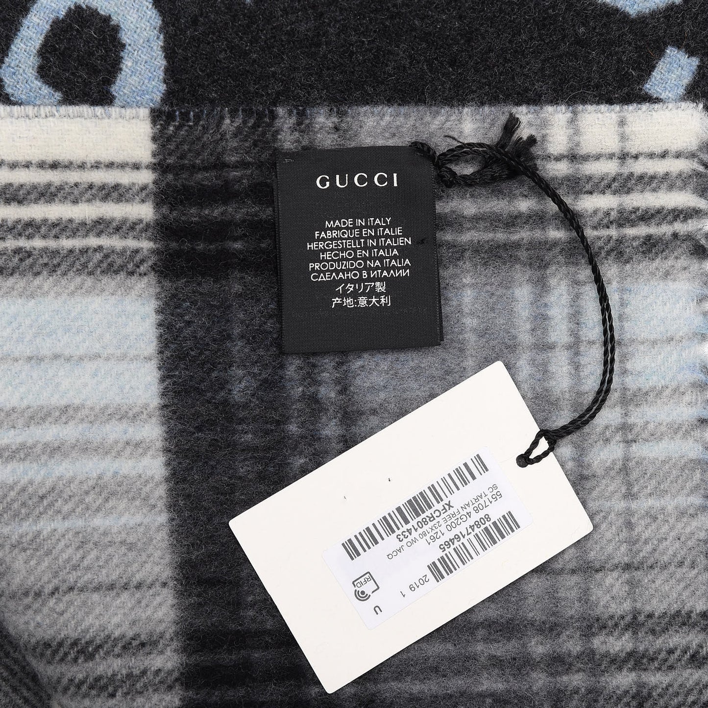Wool GG Monogram Plaid Tartan Free Scarf Grey