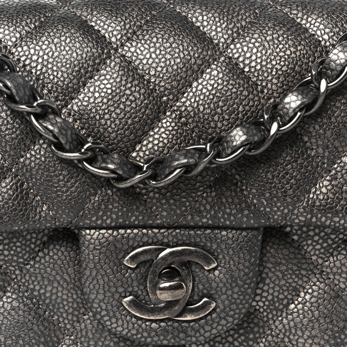 Metallic Caviar Quilted Mini Rectangular Flap Dark Silver