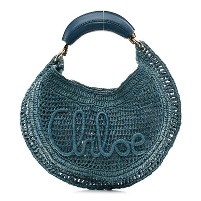Chloe Raffia Calfskin Summer Banana Hobo Stormy Sea 1 of 10