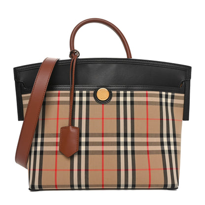 Burberry Calfskin Vintage Check Small Society Top Handle Bag Archive Beige Black 1 of 11