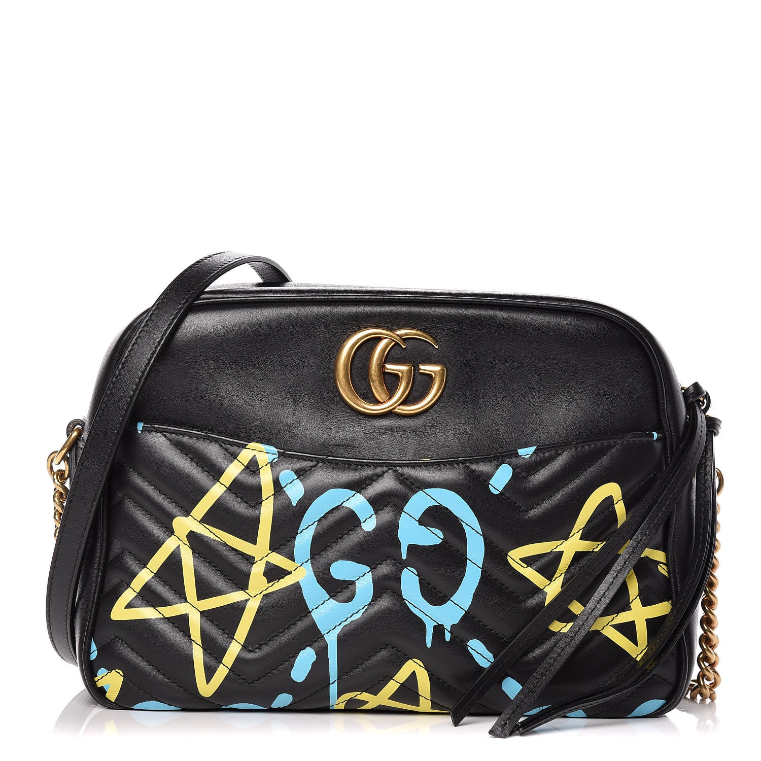 Gucci Calfskin Matelasse GucciGhost Medium GG Marmont Chain Shoulder Bag Black New Acquamarine 1 of 10