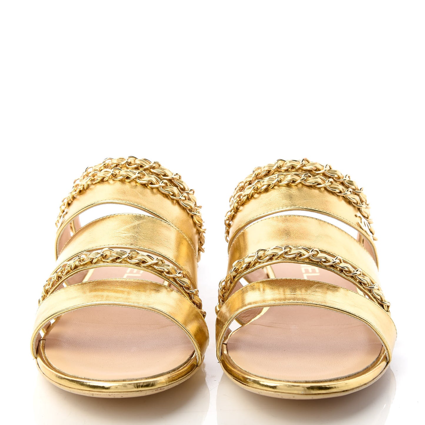 Metallic Lambskin Chain Mule Sandals 38.5 Gold