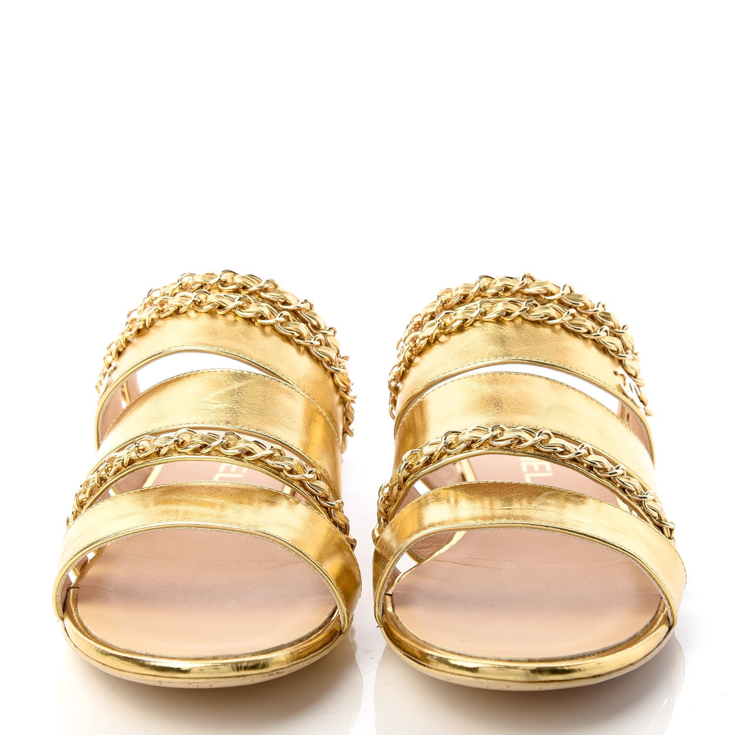 Chanel Metallic Lambskin Chain Mule Sandals 38.5 Gold 2 of 11