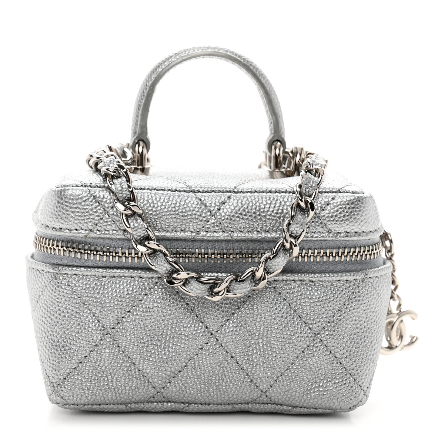Metallic Caviar Quilted Mini Top Handle Vanity With Chain Silver