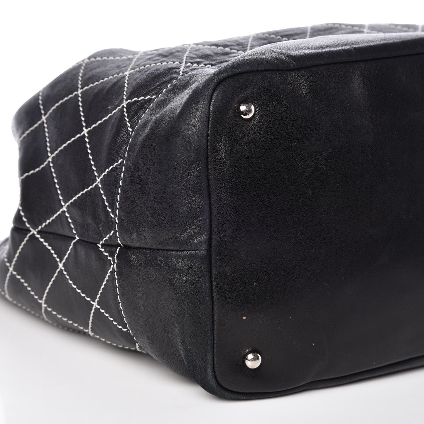 Lambskin Contrast Stitch Large Drawstring Tote Black