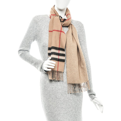 Burberry Cashmere Metallic Reversible Giant Check Fringe Scarf Camel Gold 2 of 5