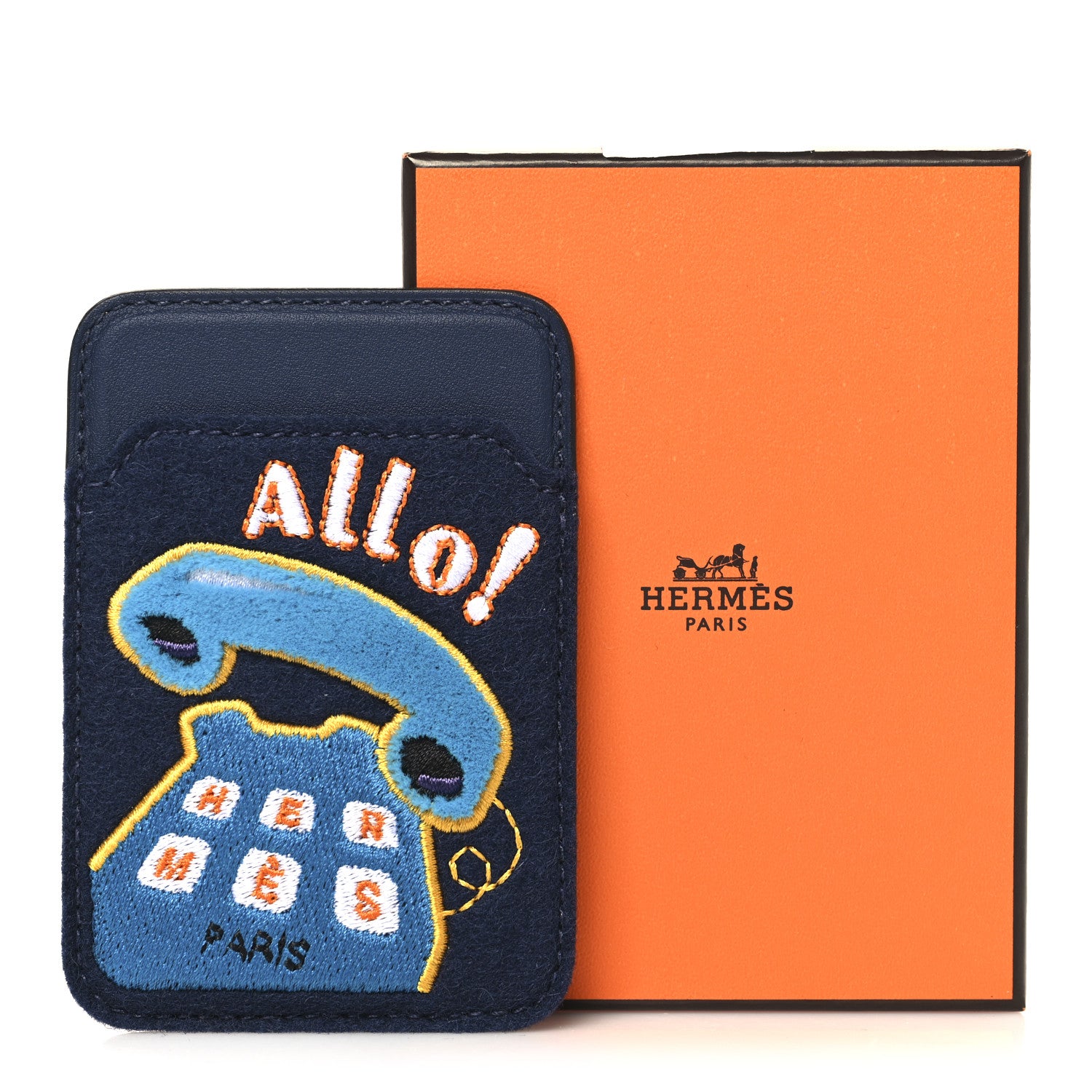 Hermes Feutre Swift Embroidered Allo! MagSafe Card Holder Bleu Navy Multicolore 6 of 6