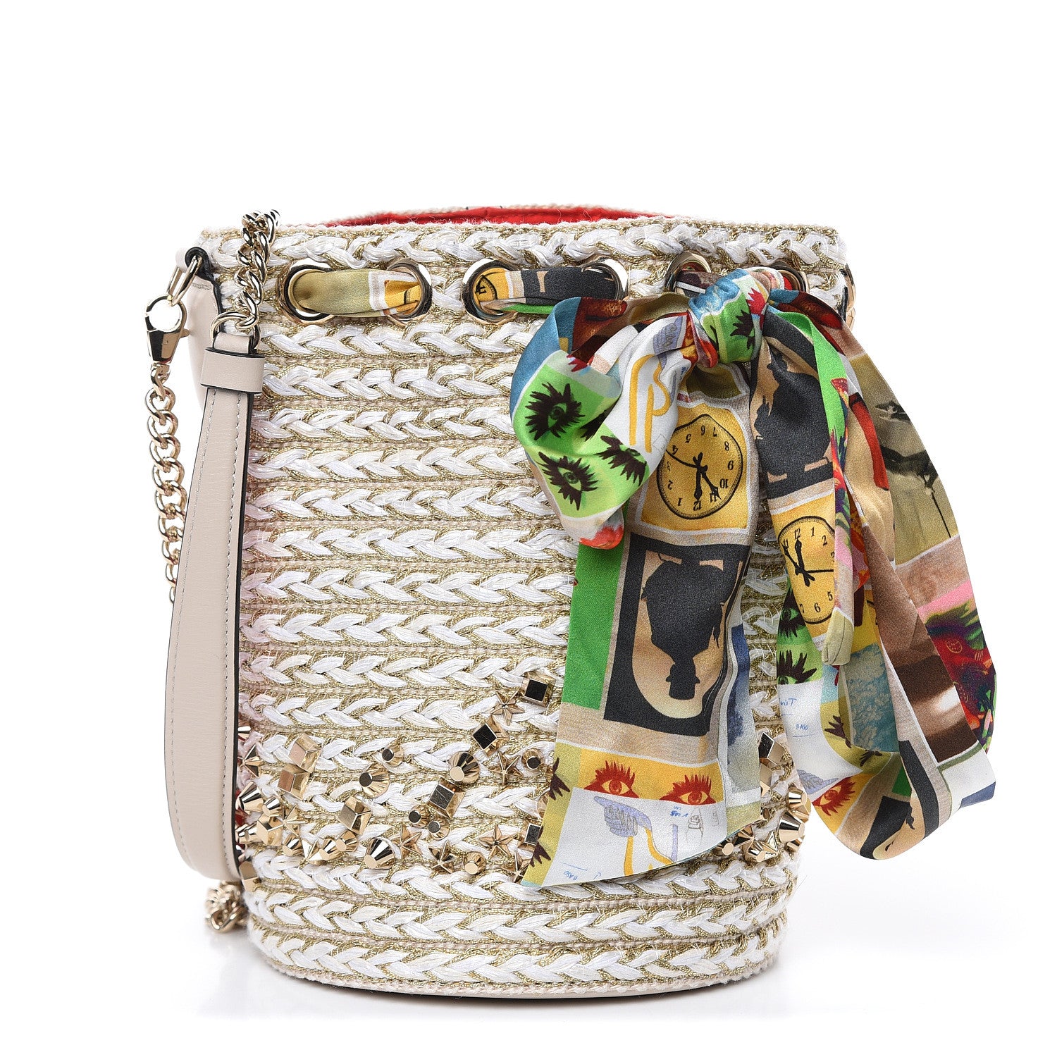 Christian Louboutin Woven Jute Crepe Satin Studded Marie Jane Bucket White Gold 1 of 8