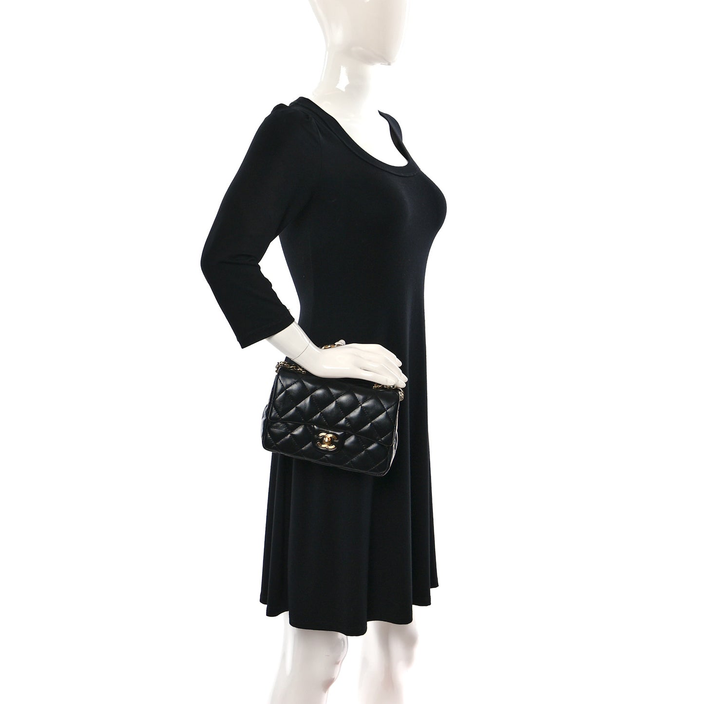Shiny Lambskin Quilted Golden Links Top Handle Flap Black