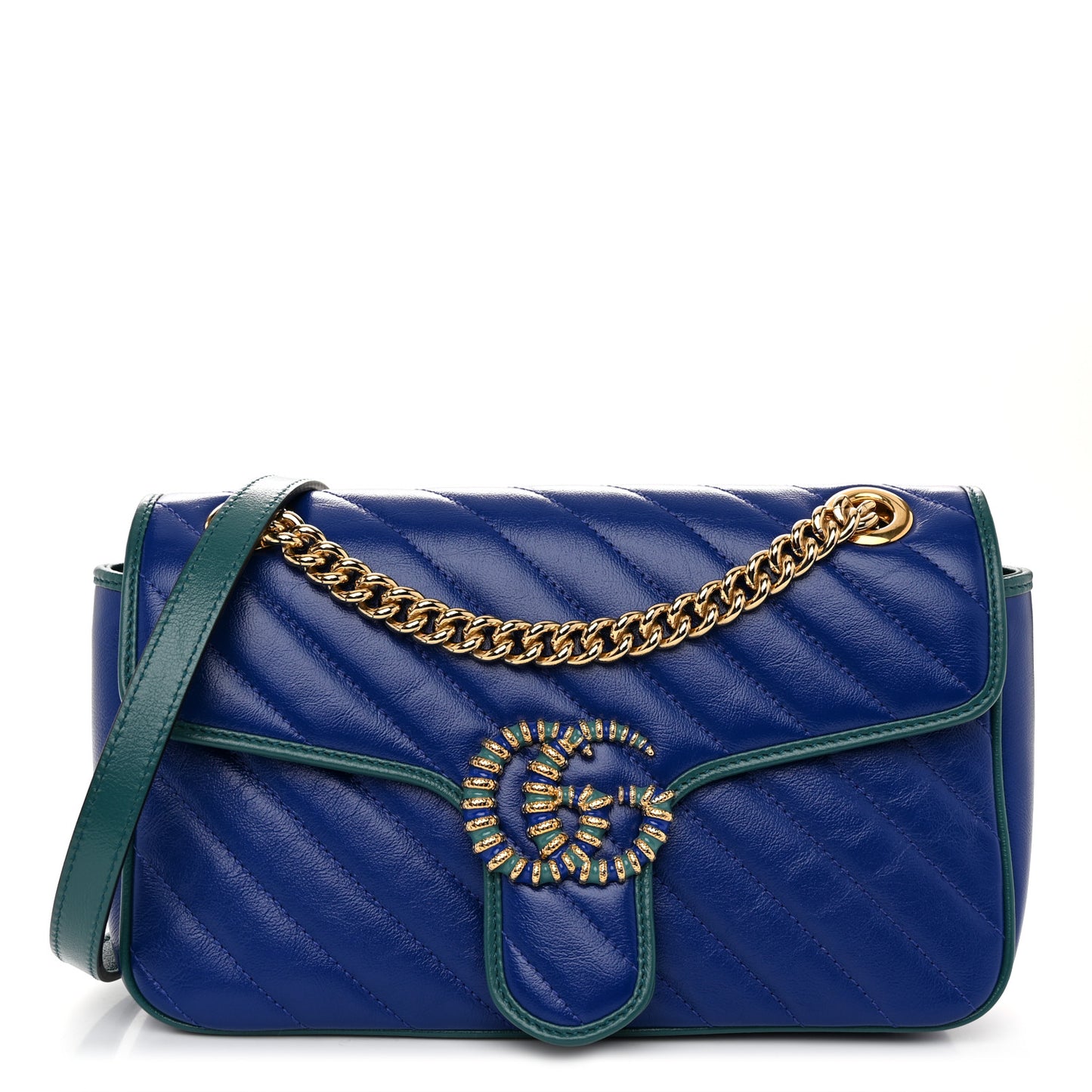 Azalea Calfskin Enamel Matelasse Diagonal Small Torchon GG Marmont Shoulder Bag Imperial Blue Pavone