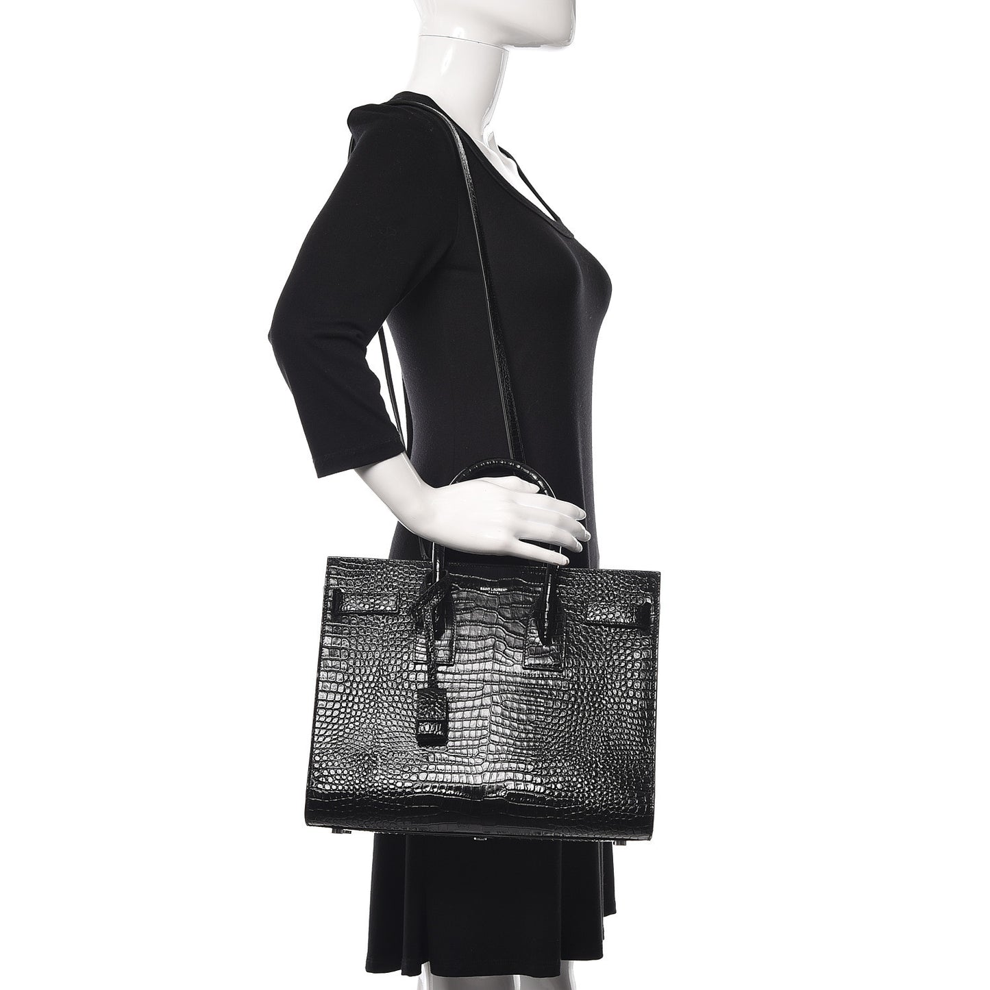 Patent Crocodile Embossed Small Sac de Jour Black