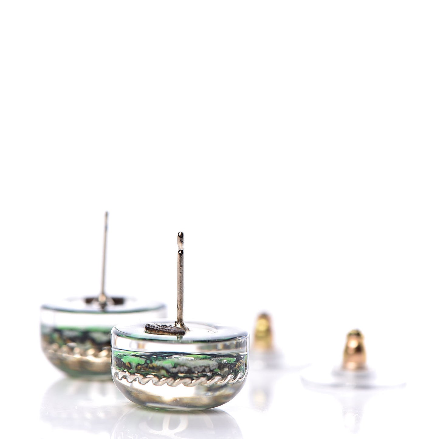 Resin Tweed Chain CC Round Earrings Gold Green