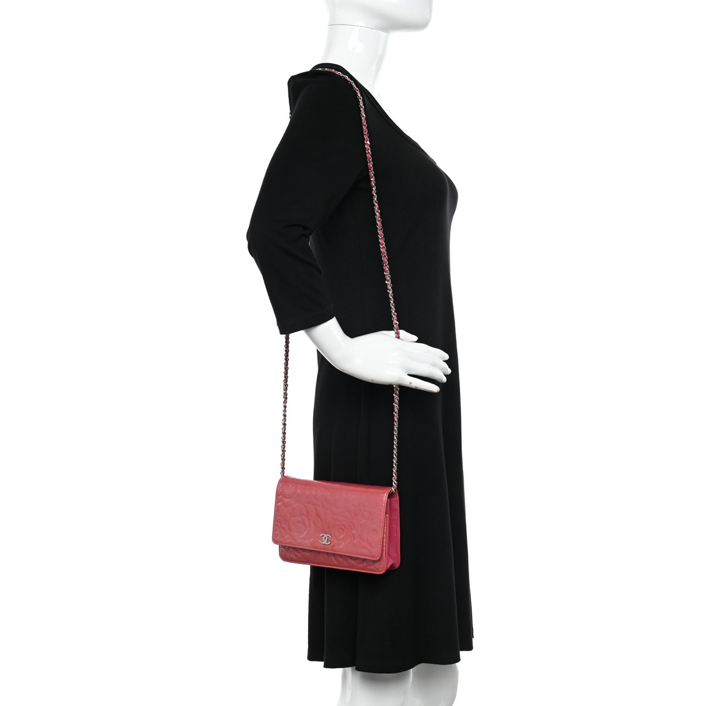Patent Camellia Embossed Wallet on Chain WOC Rose