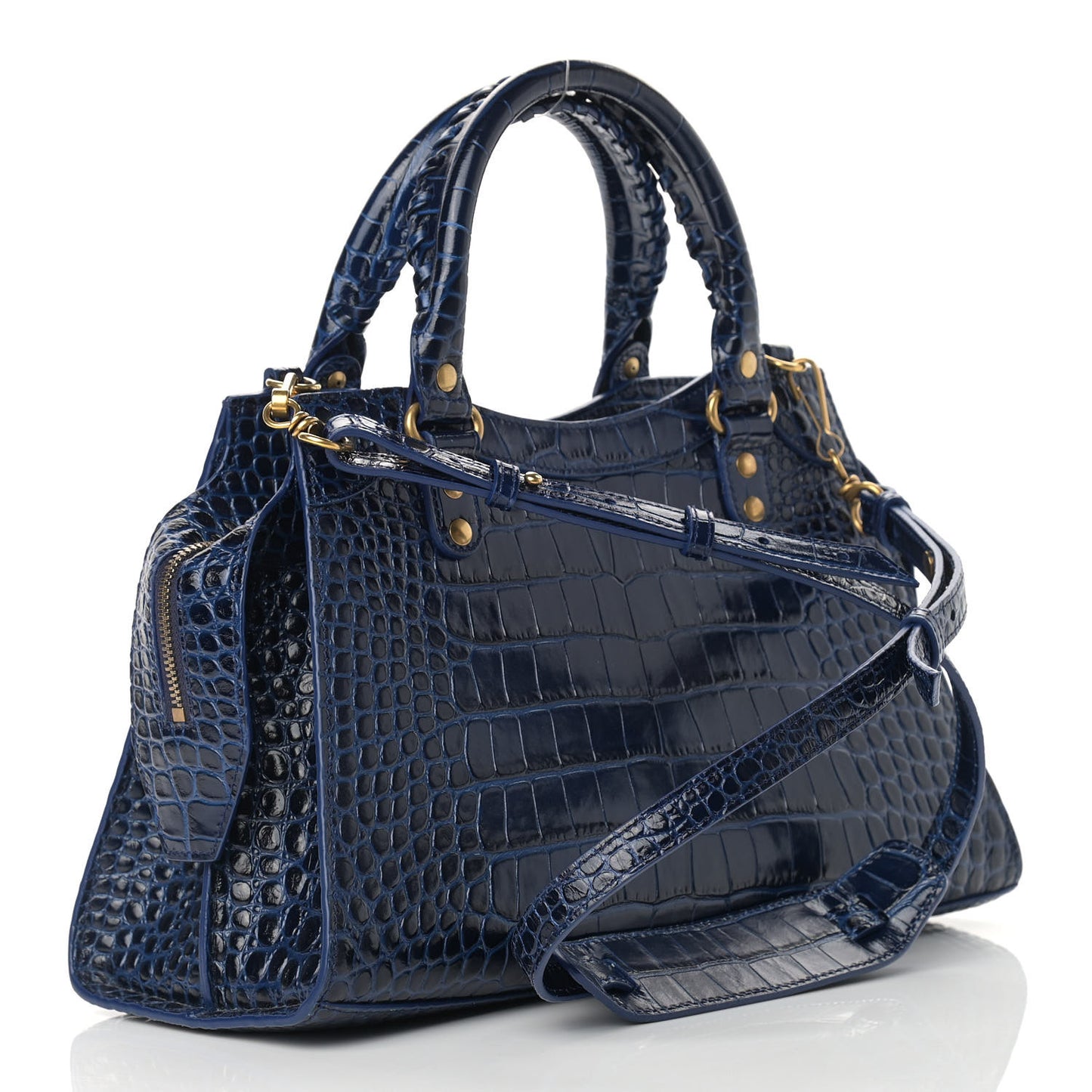 Shiny Supple Calfskin Crocodile Embossed Neo Classic Gold Hardware S City Navy