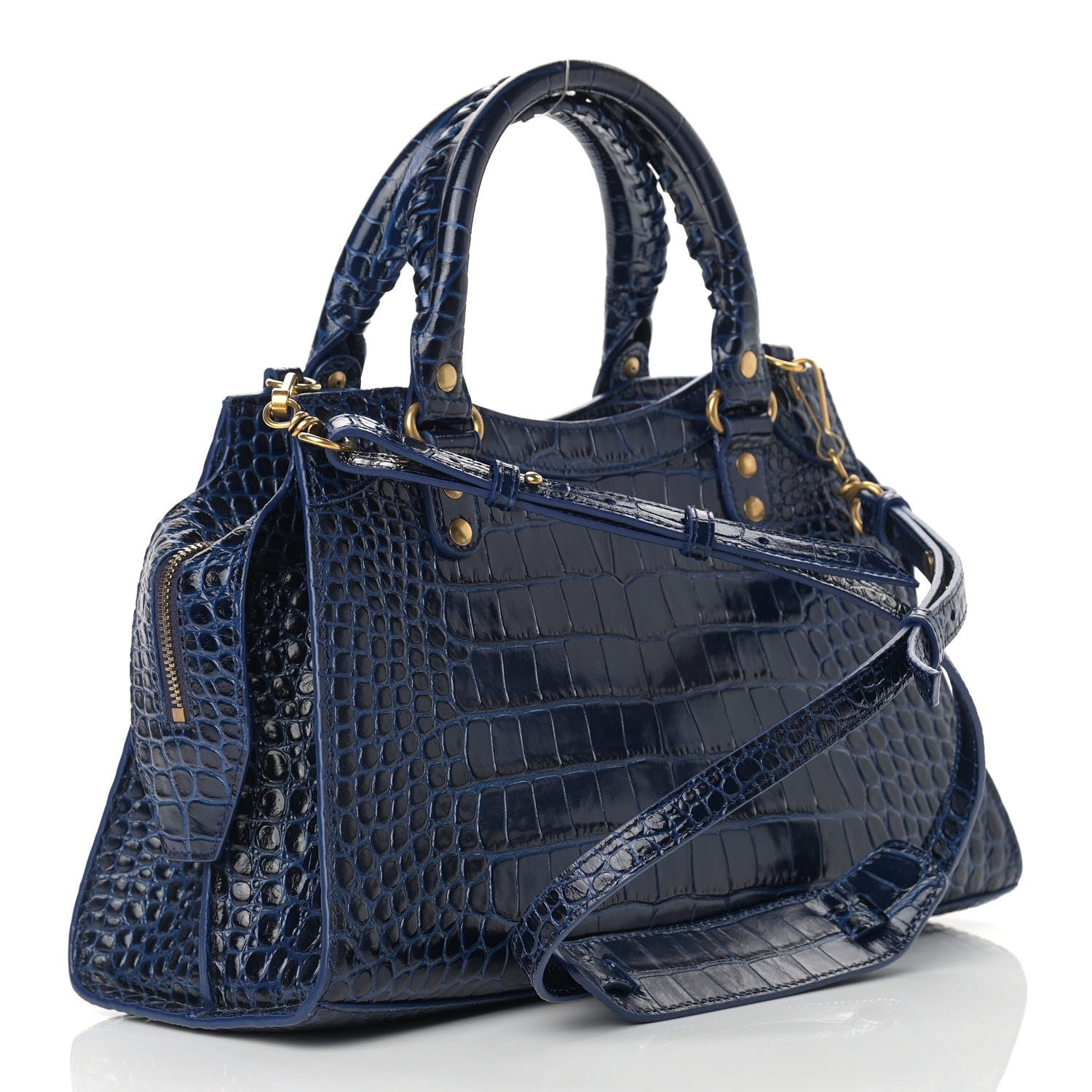 Balenciaga Shiny Supple Calfskin Crocodile Embossed Neo Classic Gold Hardware S City Navy 3 of 9