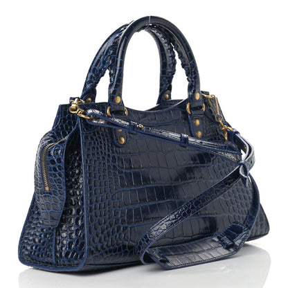 Balenciaga Shiny Supple Calfskin Crocodile Embossed Neo Classic Gold Hardware S City Navy 3 of 9