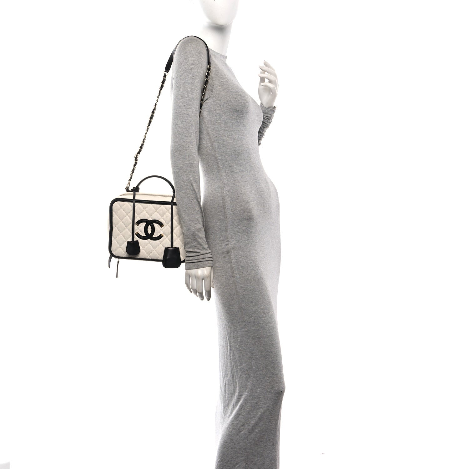 Chanel Caviar Quilted Large CC Filigree Vanity Case White Black 2 of 10