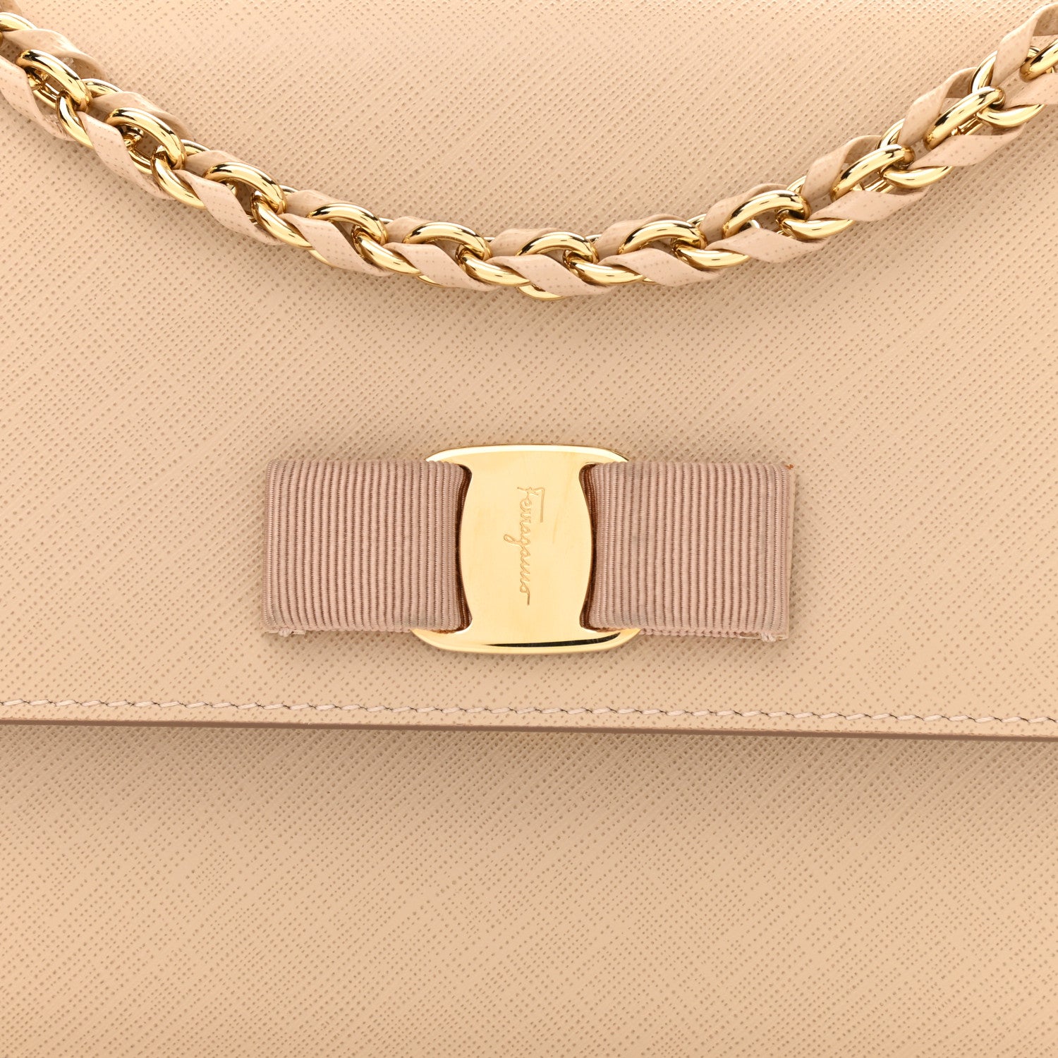 Salvatore Ferragamo Hammered Calfskin Vara Bow Chain Bag New Bisque 6 of 9