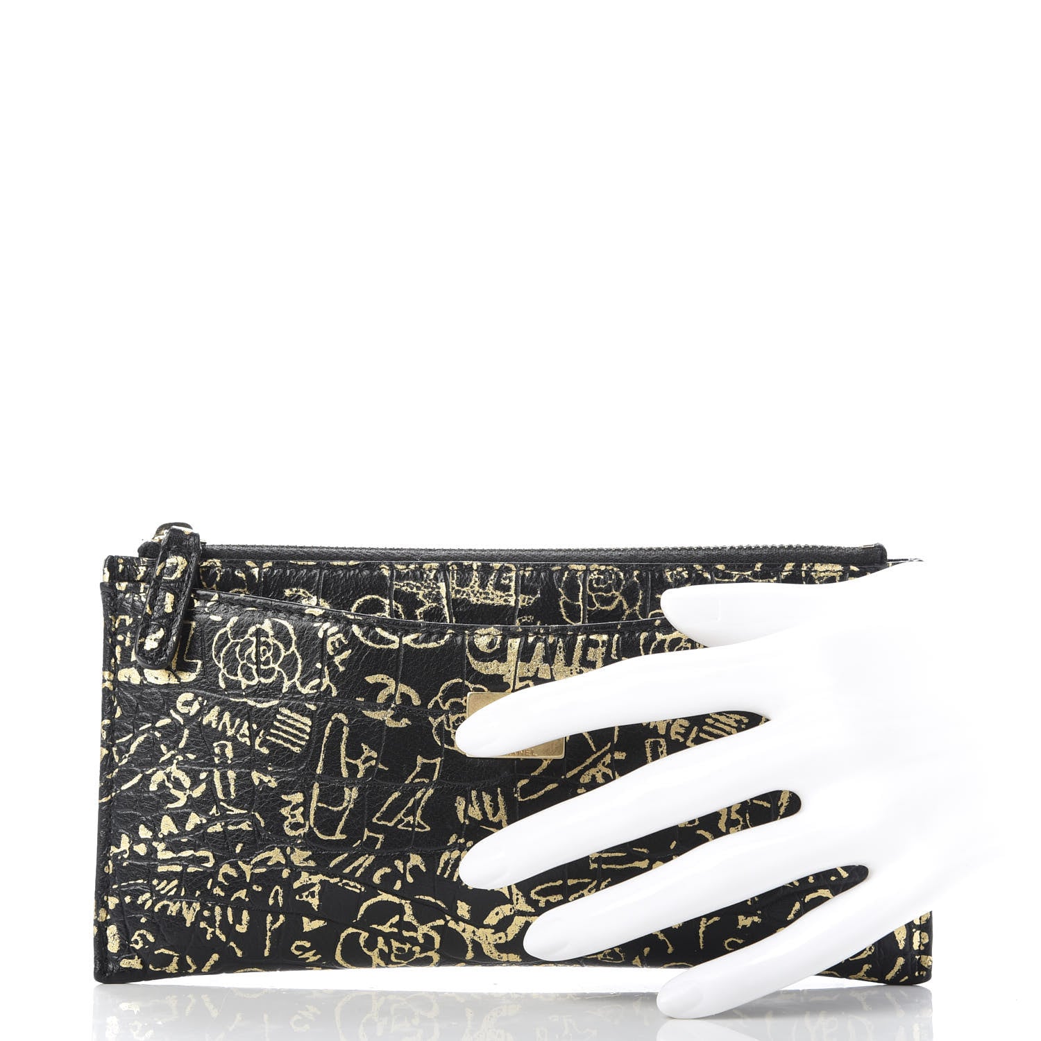 Chanel Calfskin Crocodile Embossed Graffiti 2.55 Cocodile Reissue Zip Pouch Black Gold 2 of 9
