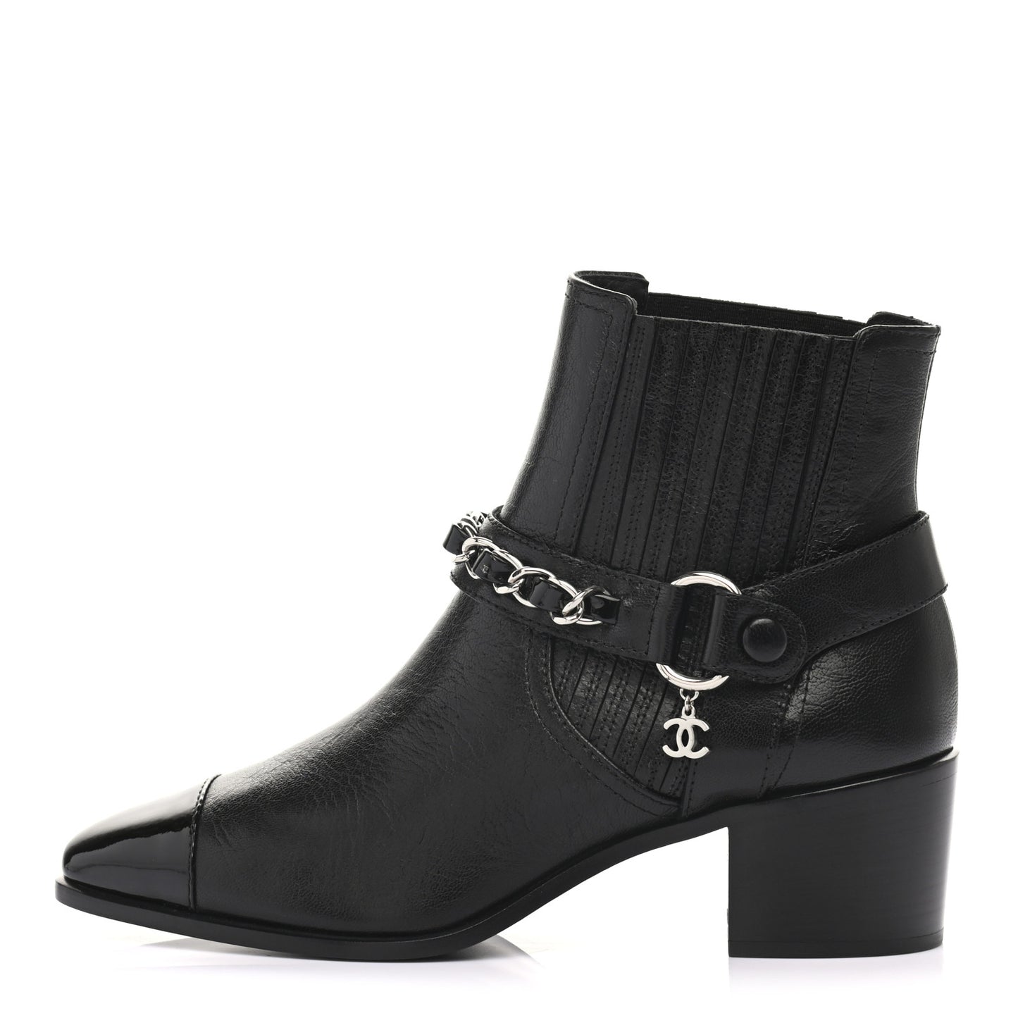 Goatskin Patent CC Cap Toe Chain Boots 36 Black