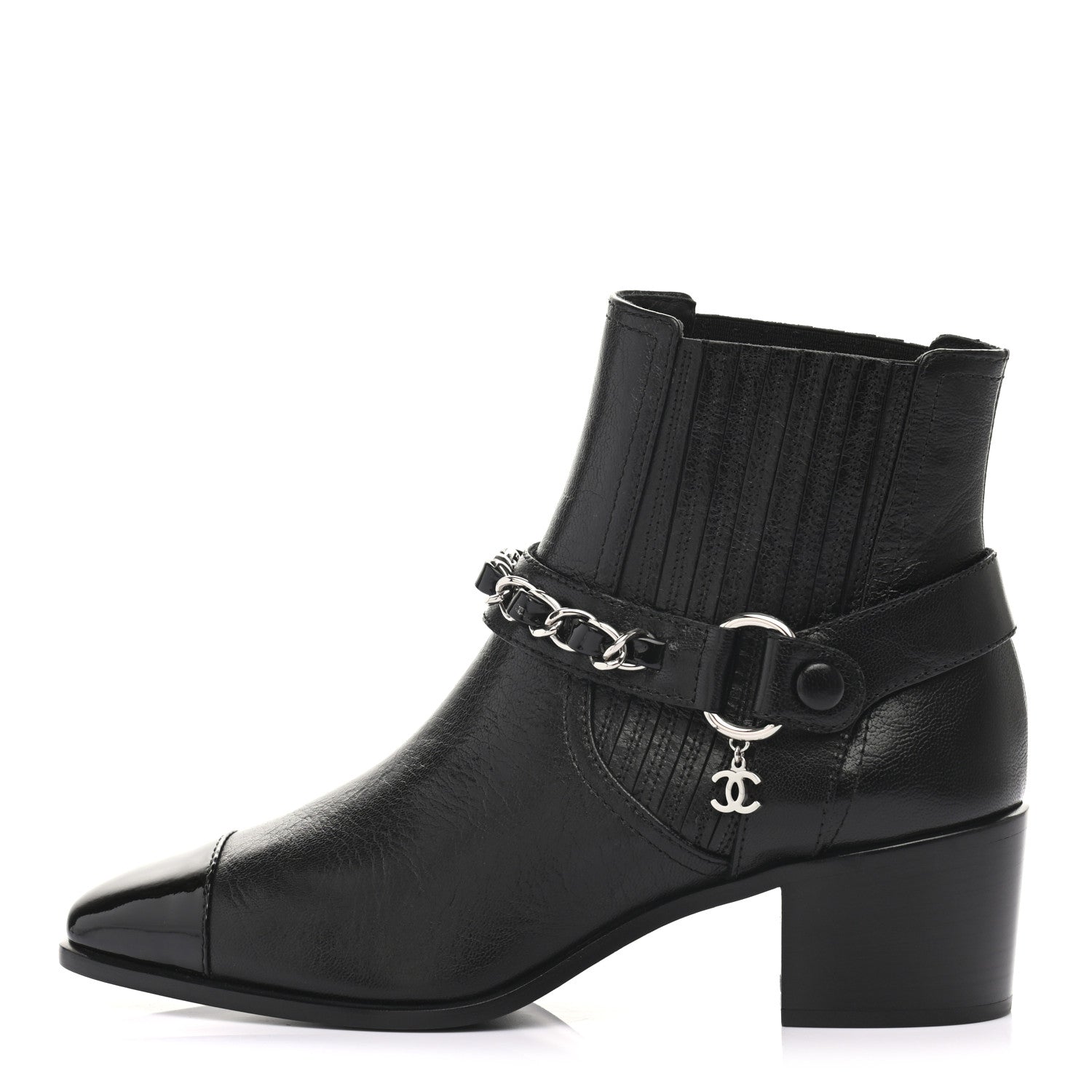 Chanel Goatskin Patent CC Cap Toe Chain Boots 36 Black 1 of 11