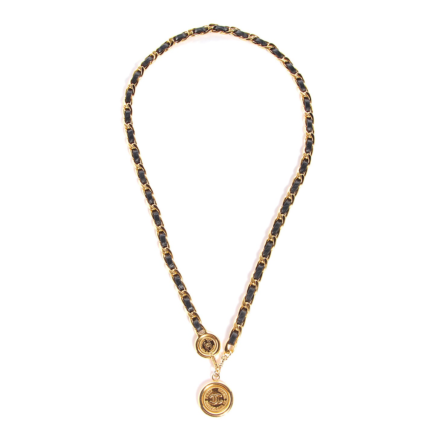 Leather CC Medallion Chain Belt Black Gold