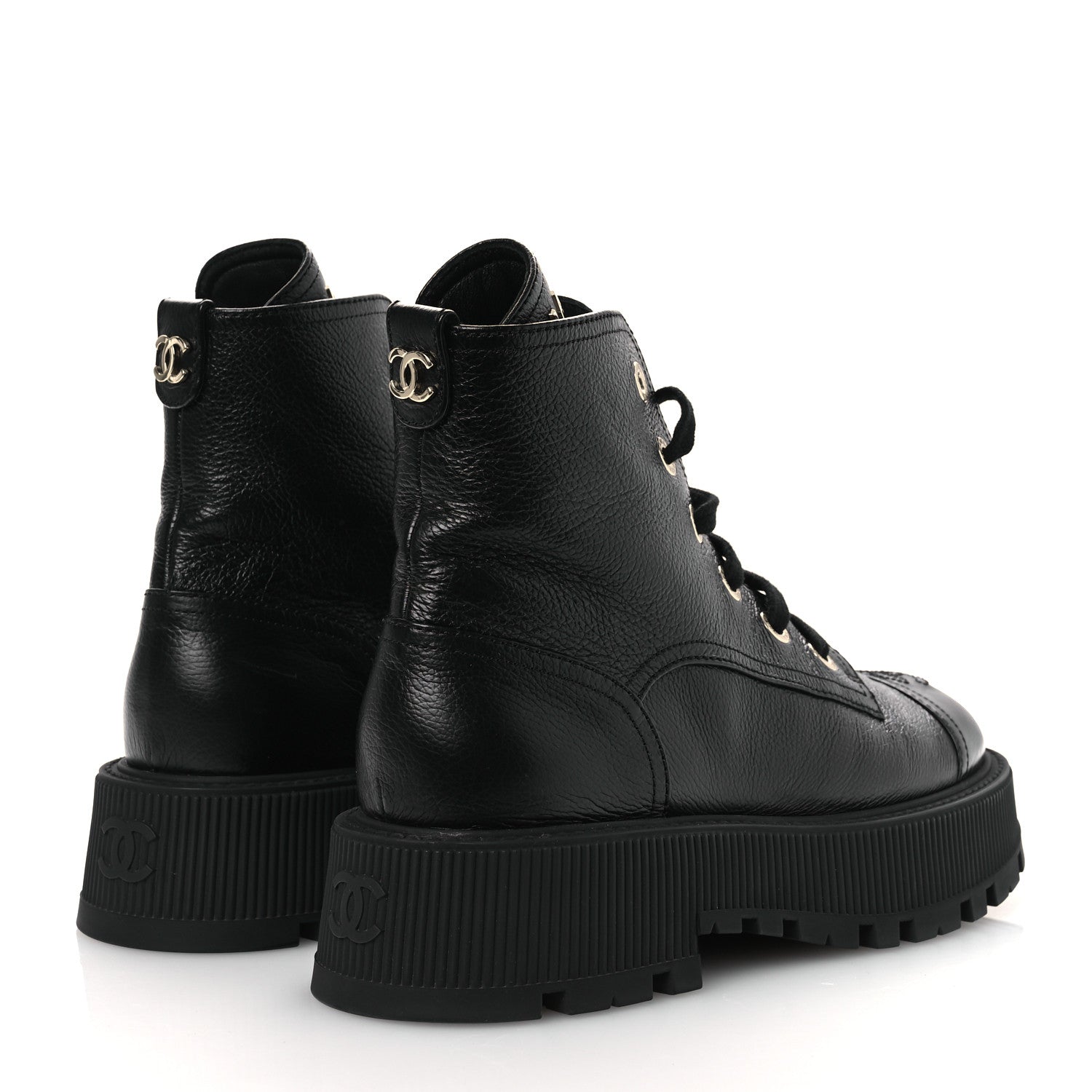 Chanel Grained Calfskin Shiny Calfskin CC Lace Up Combat Boots 38.5 Black 5 of 11