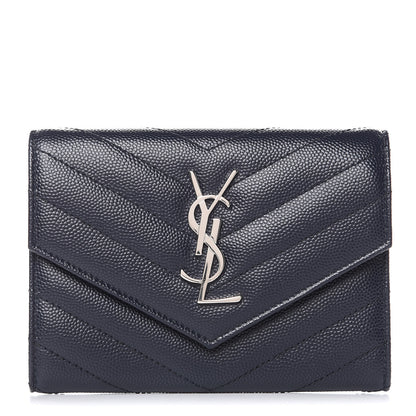 Saint Laurent Grain De Poudre Matelasse Chevron Small Monogram Passport Case Deep Marine 1 of 8