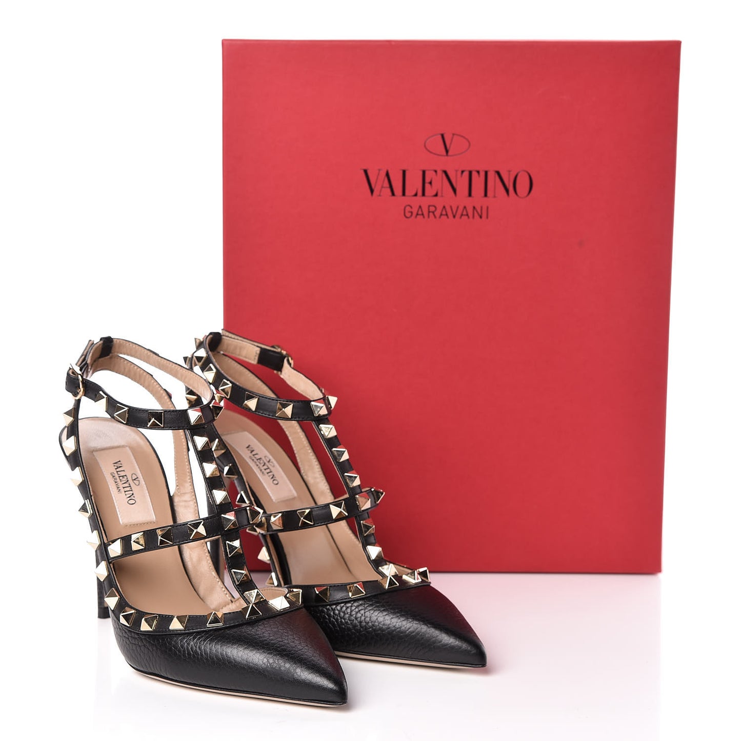 Pebbled Calfskin Rockstud Ankle Strap Pumps 36 Black