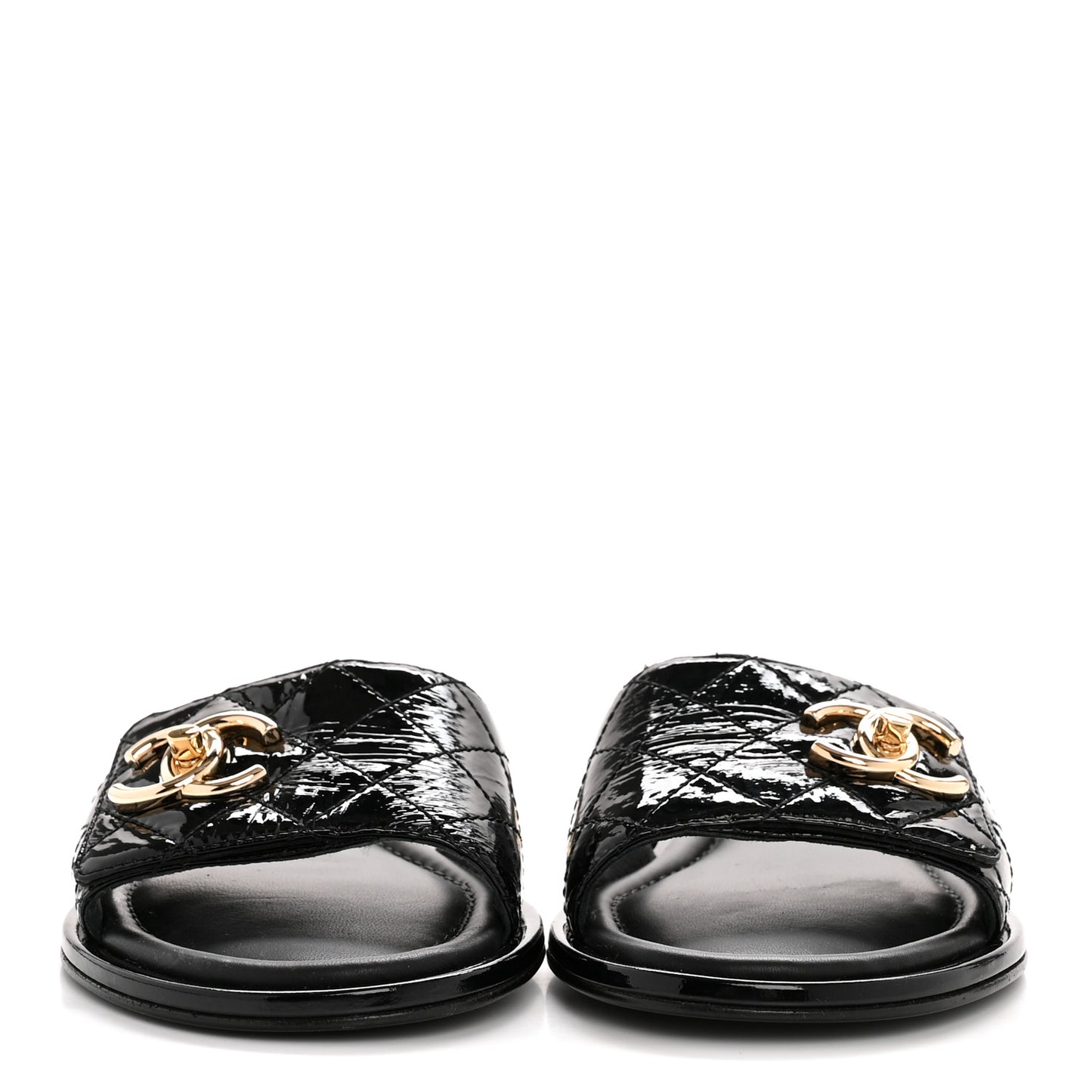 Patent Goatskin Quilted CC Mules Sandals 36 Black