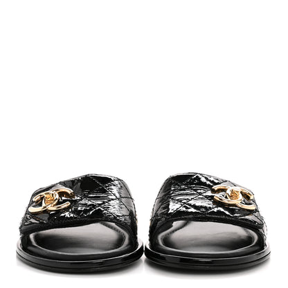 Chanel Patent Goatskin Quilted CC Mules Sandals 36 Black 3 of 11