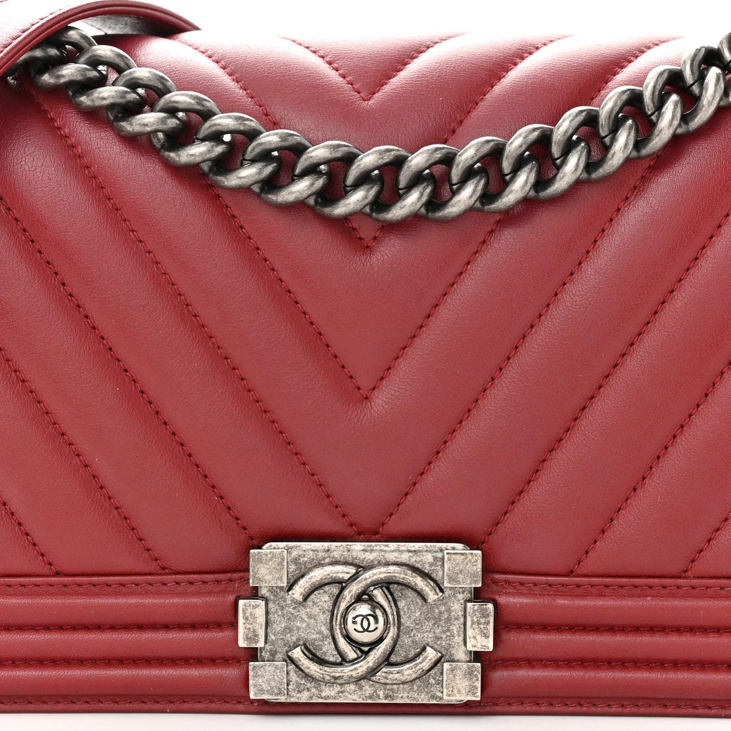 Calfskin Chevron Quilted Medium Boy Flap Dark Red