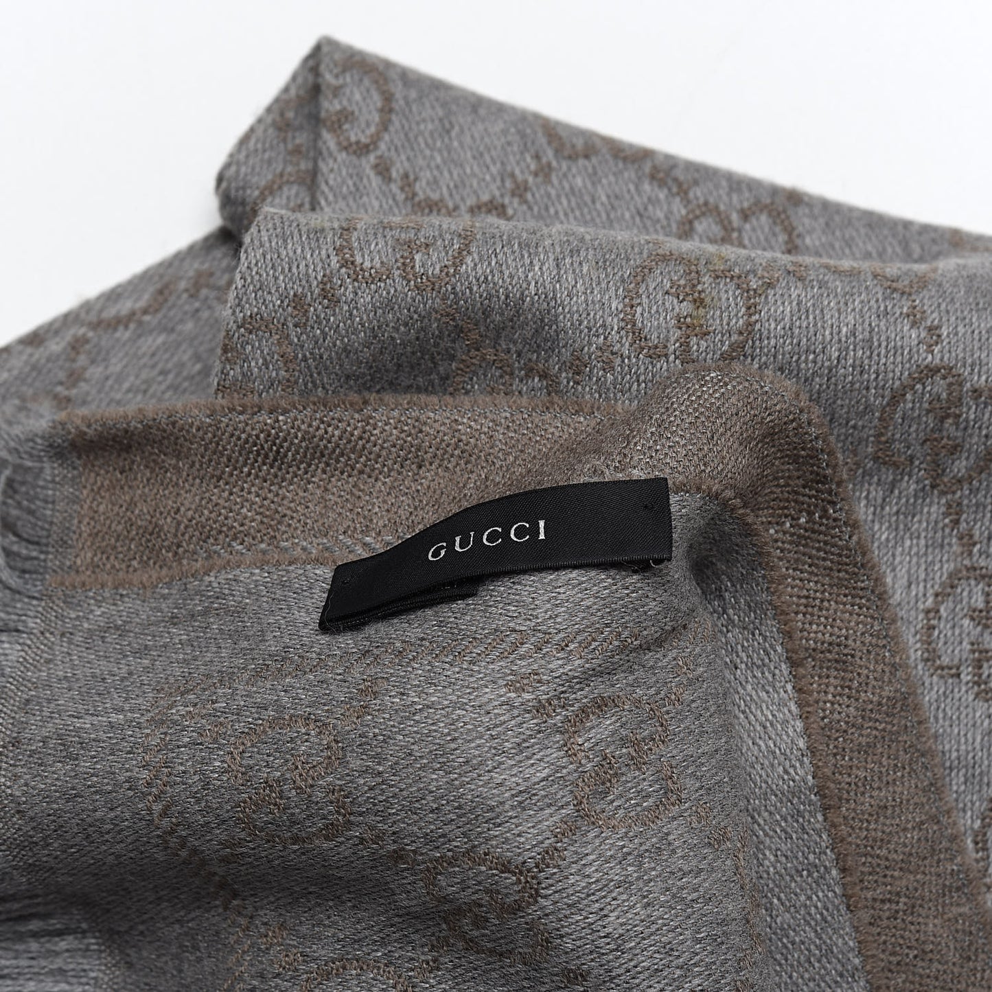 Wool Jacquard GG Monogram Sten Fringe Scarf Taupe Light Grey