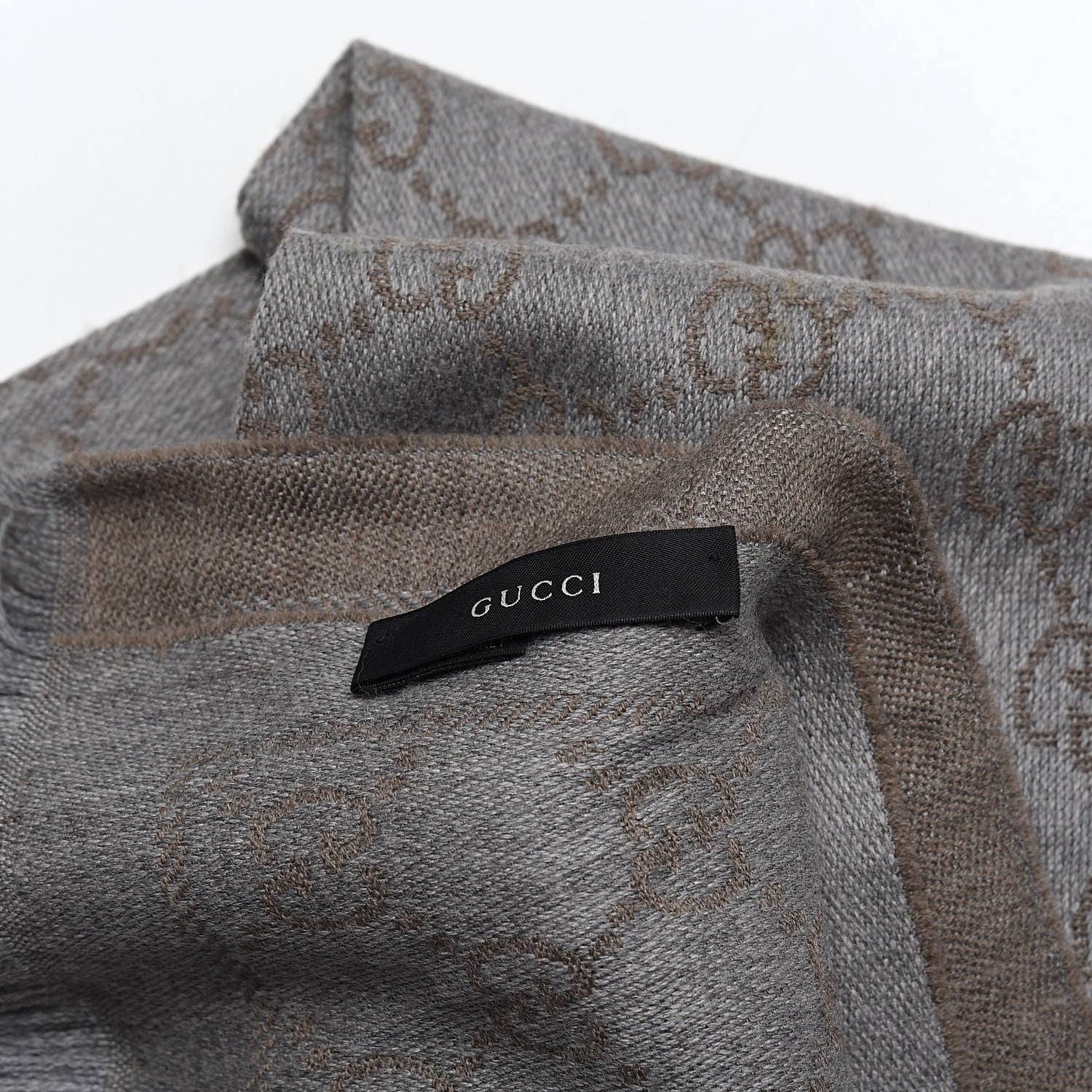 Gucci Wool Jacquard GG Monogram Sten Fringe Scarf Taupe Light Grey 4 of 4