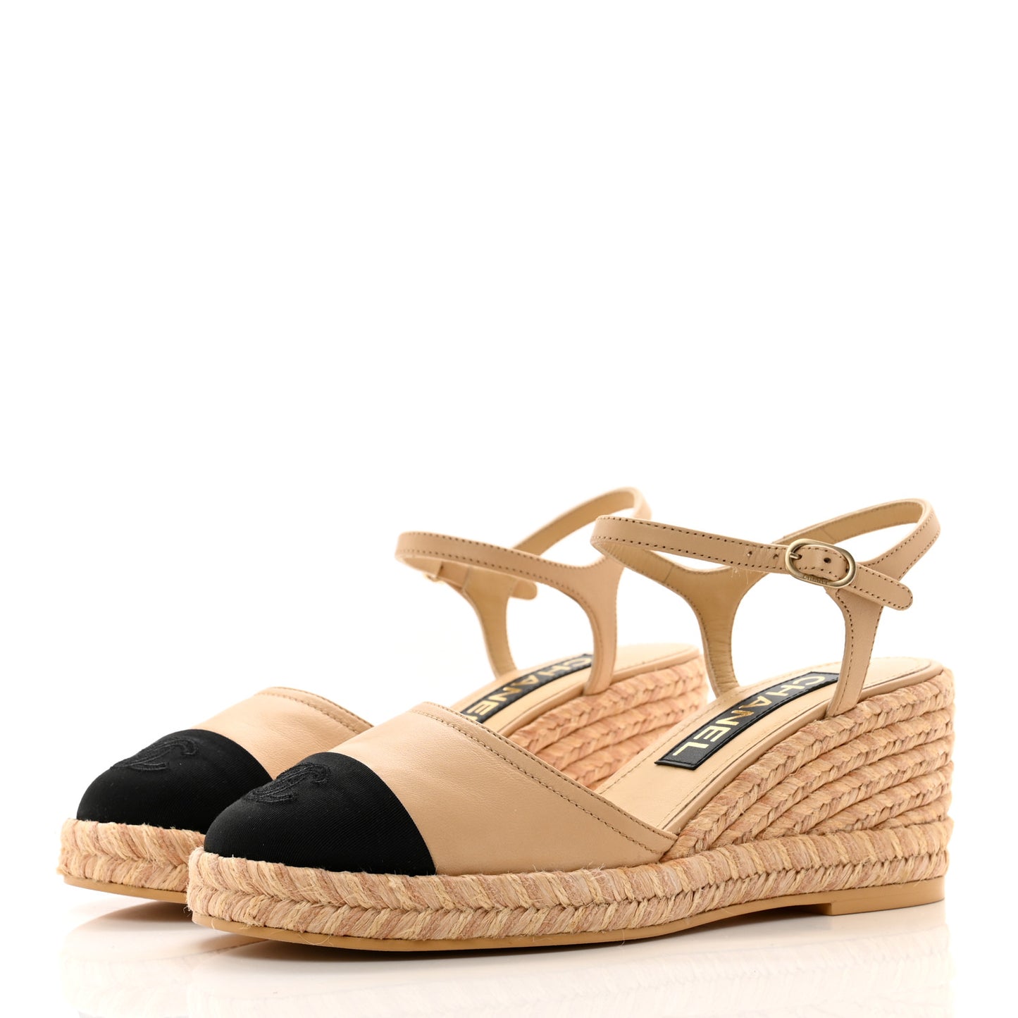 Lambskin Grosgrain CC Espadrilles Wedges 37 Beige Black