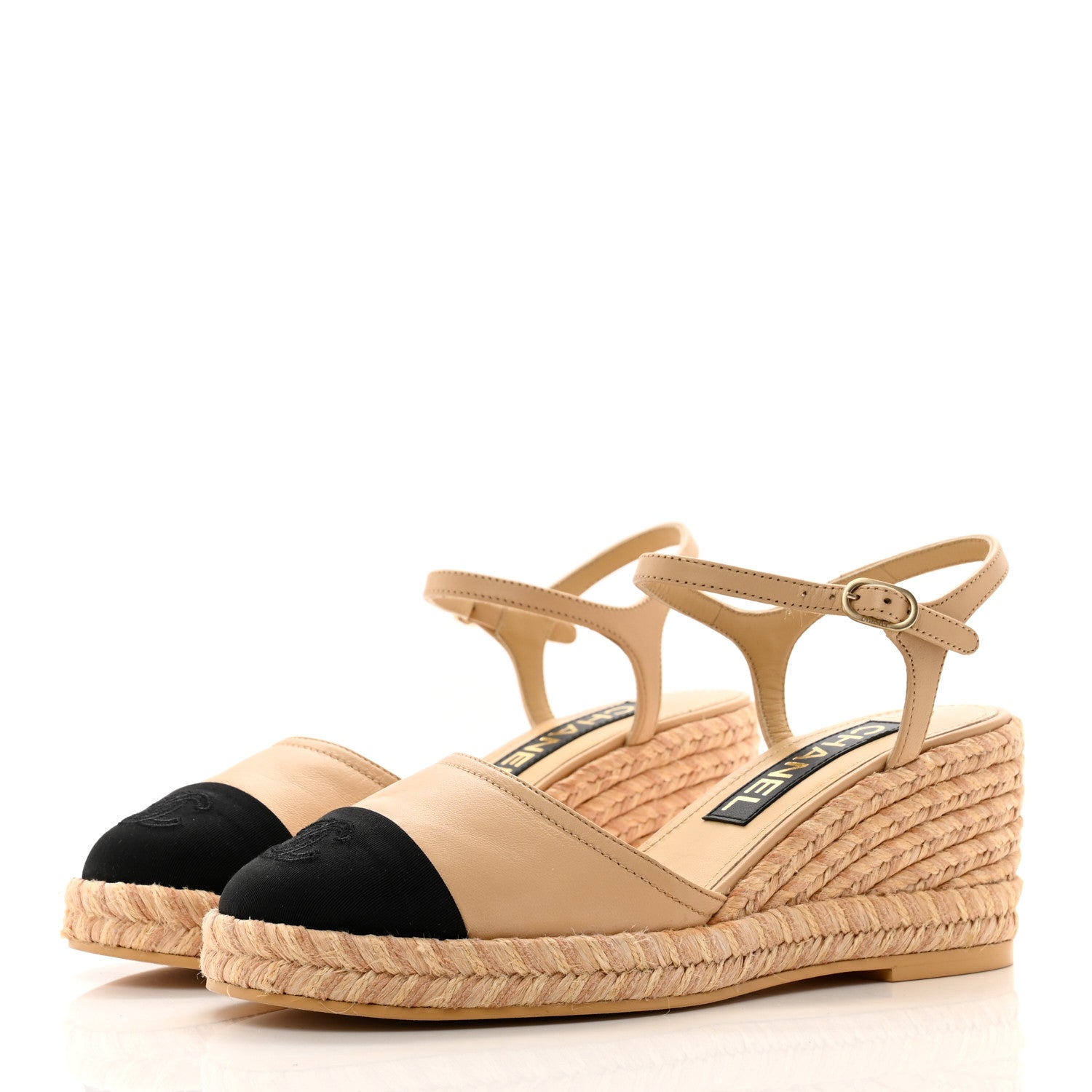 Chanel Lambskin Grosgrain CC Espadrilles Wedges 37 Beige Black 3 of 9