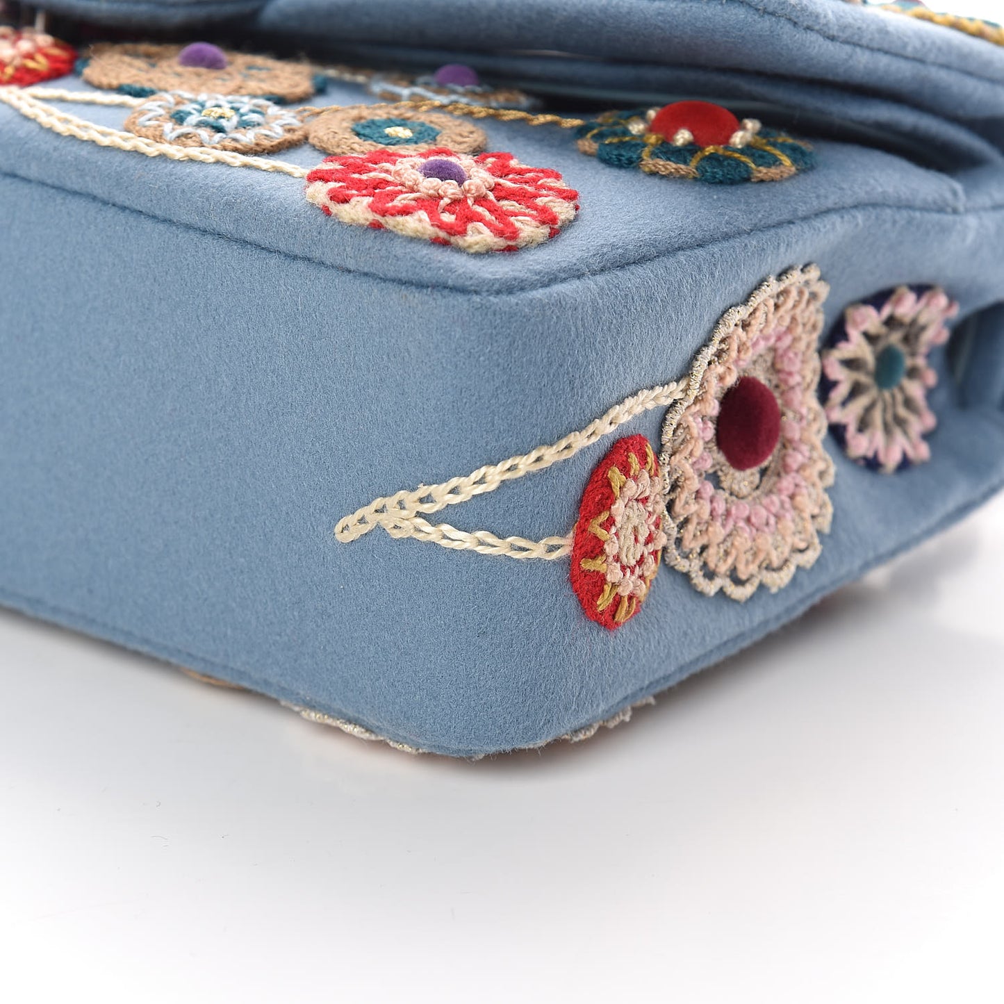 Felt Flower Embroidered Medium Double Flap Blue Multicolor