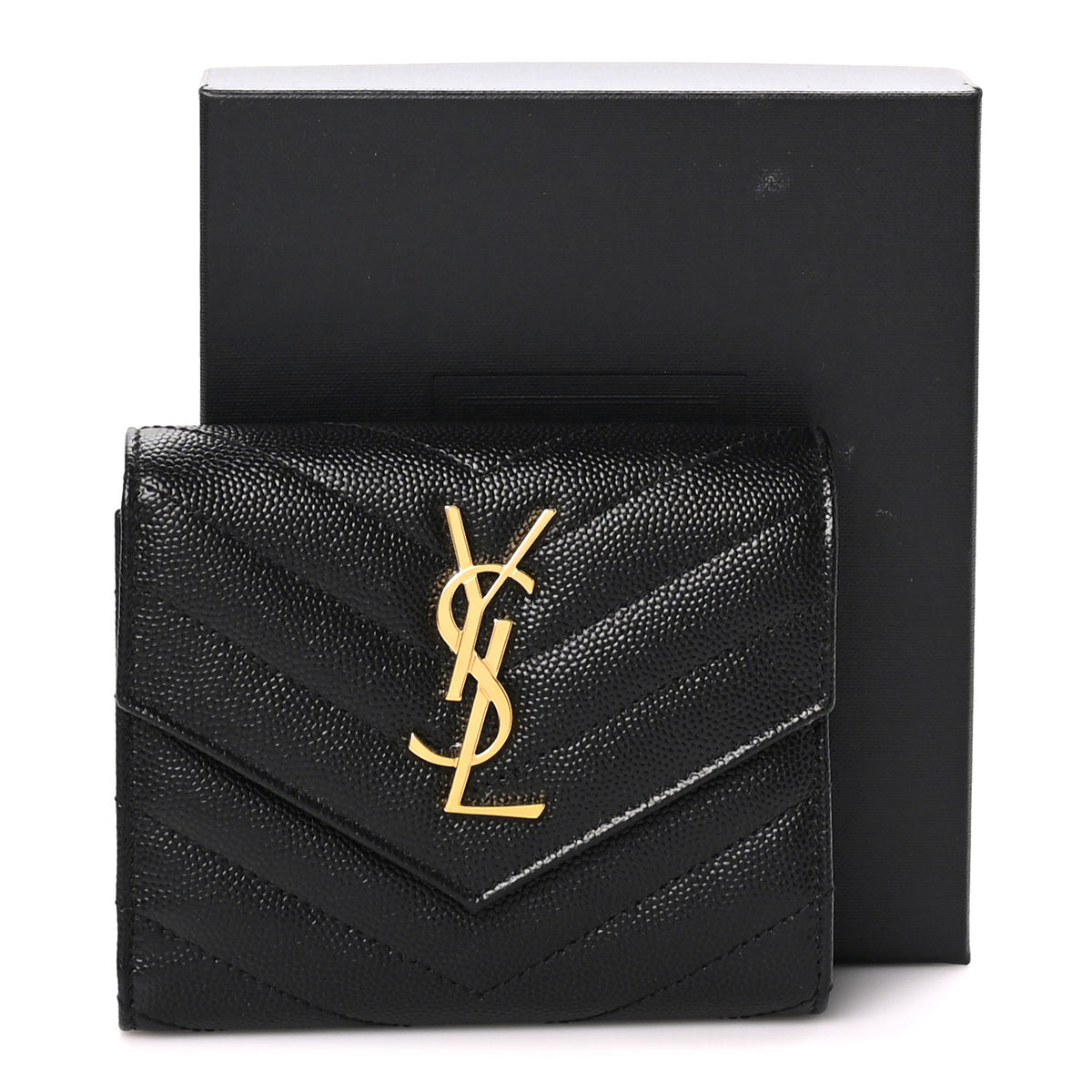 Saint Laurent Grain De Poudre Matelasse Chevron Monogram Compact Tri Fold Wallet Black 7 of 7
