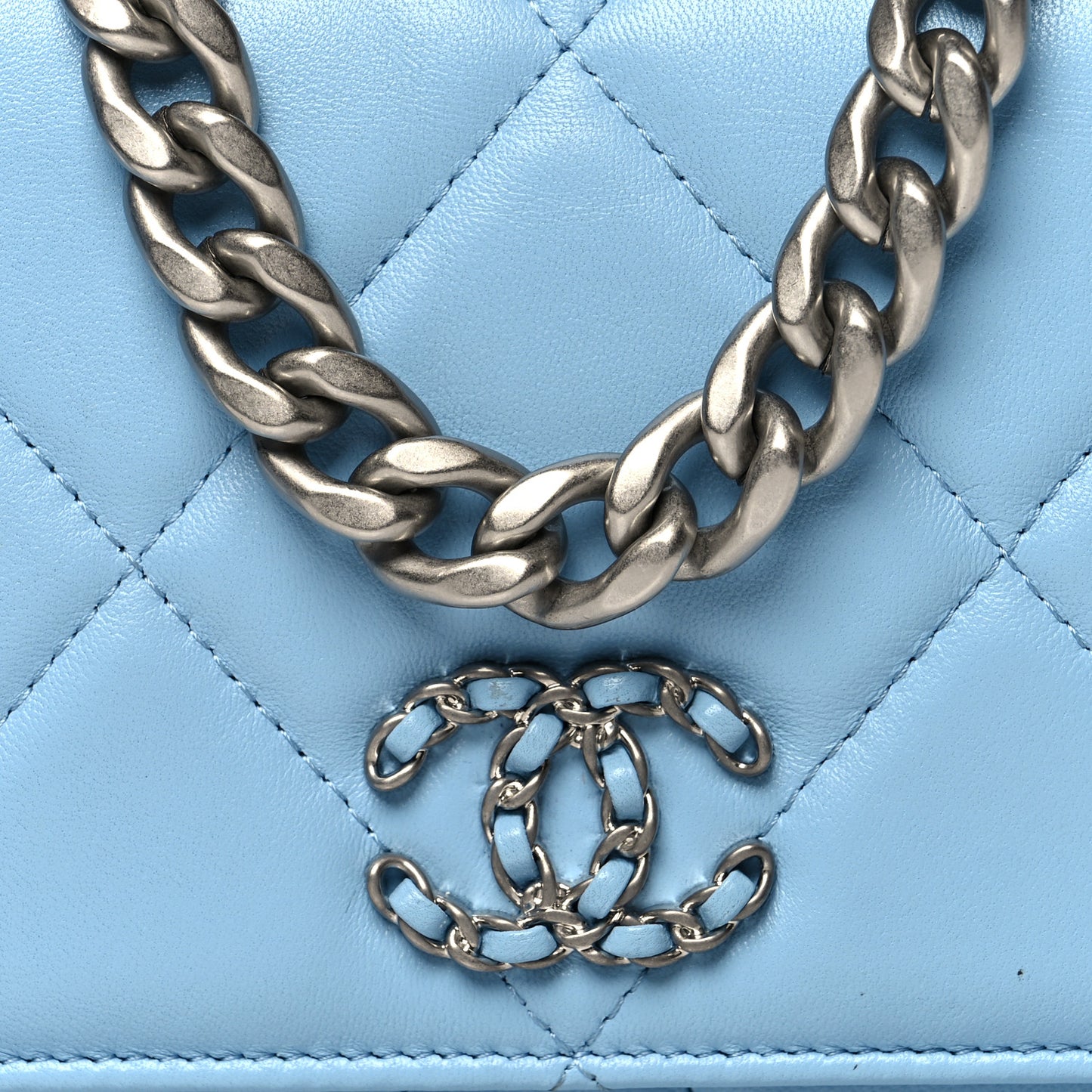 Lambskin Quilted Chanel 19 Wallet On Chain WOC Light Blue