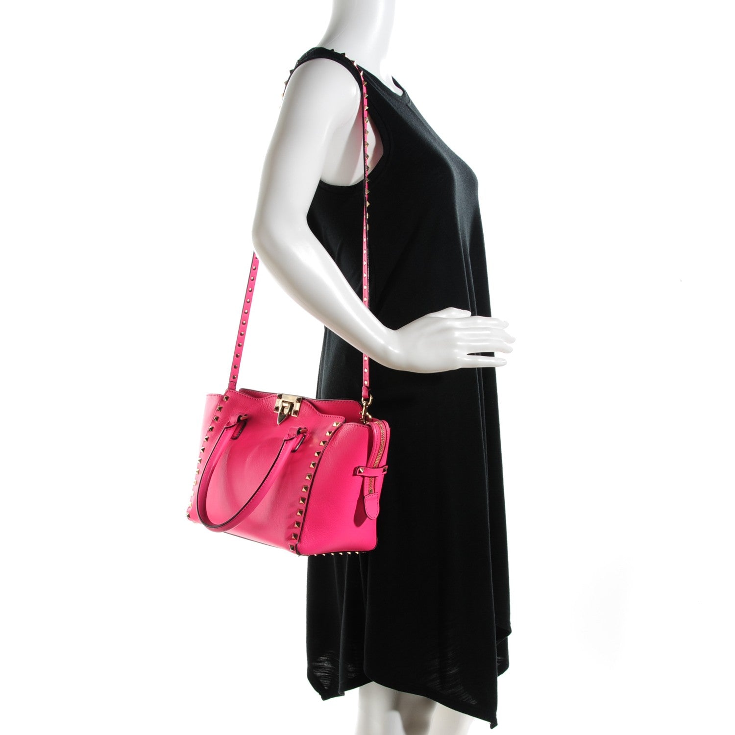 Valentino Garavani Vitello Small Rockstud Double Handle Tote Fuxia Fluo 2 of 16