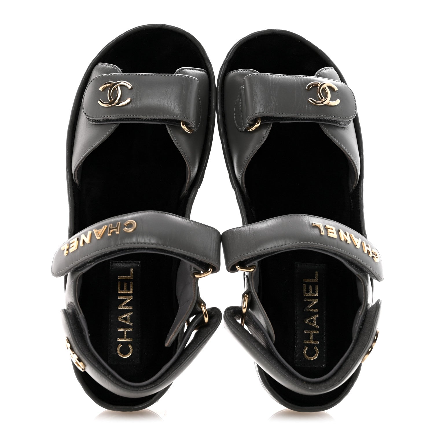 Chanel Shiny Calfskin Logo Platform Sandals 37 Grey 1808052