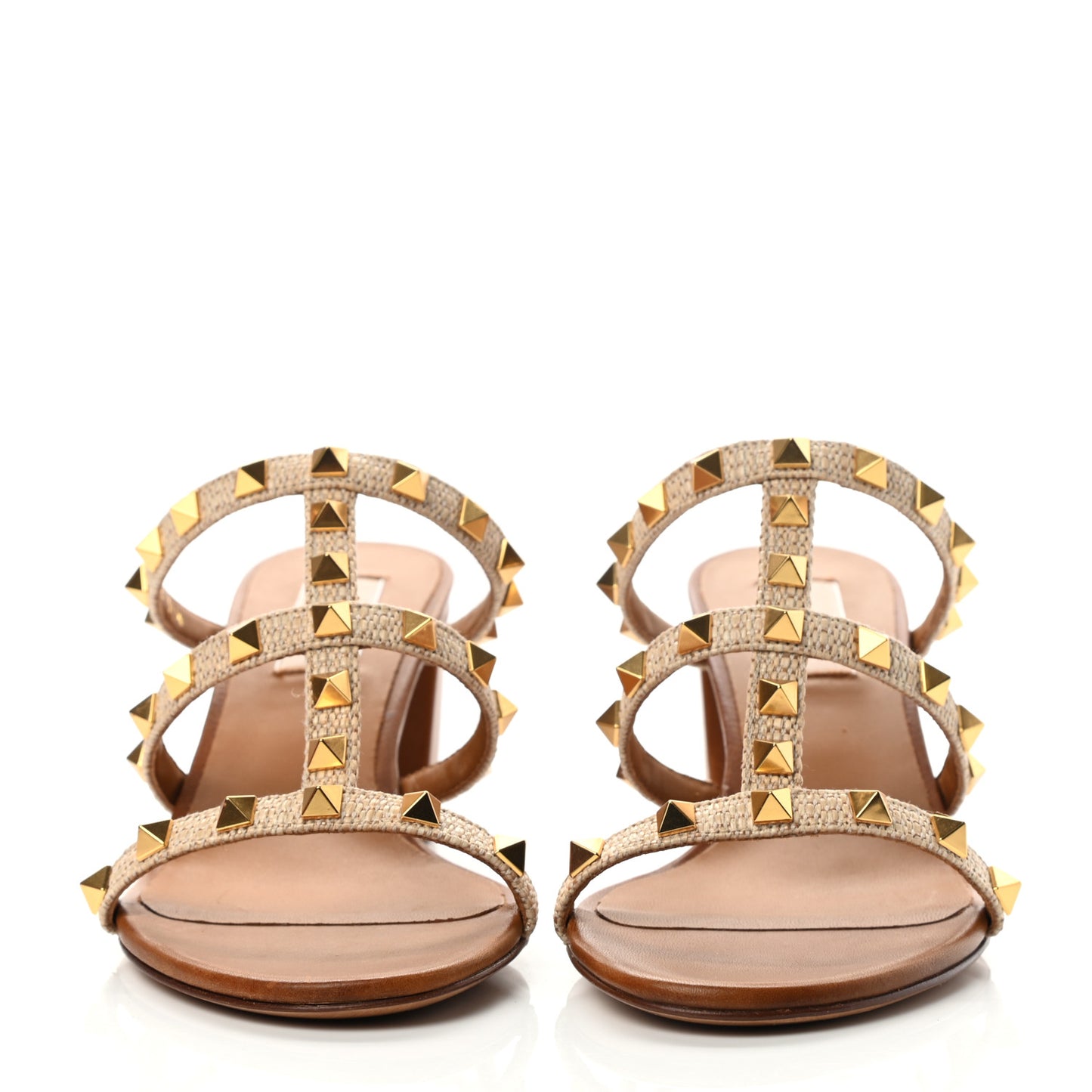 Raffia Calfskin Rockstud 60mm Caged Slide Sandals 37.5 Naturale