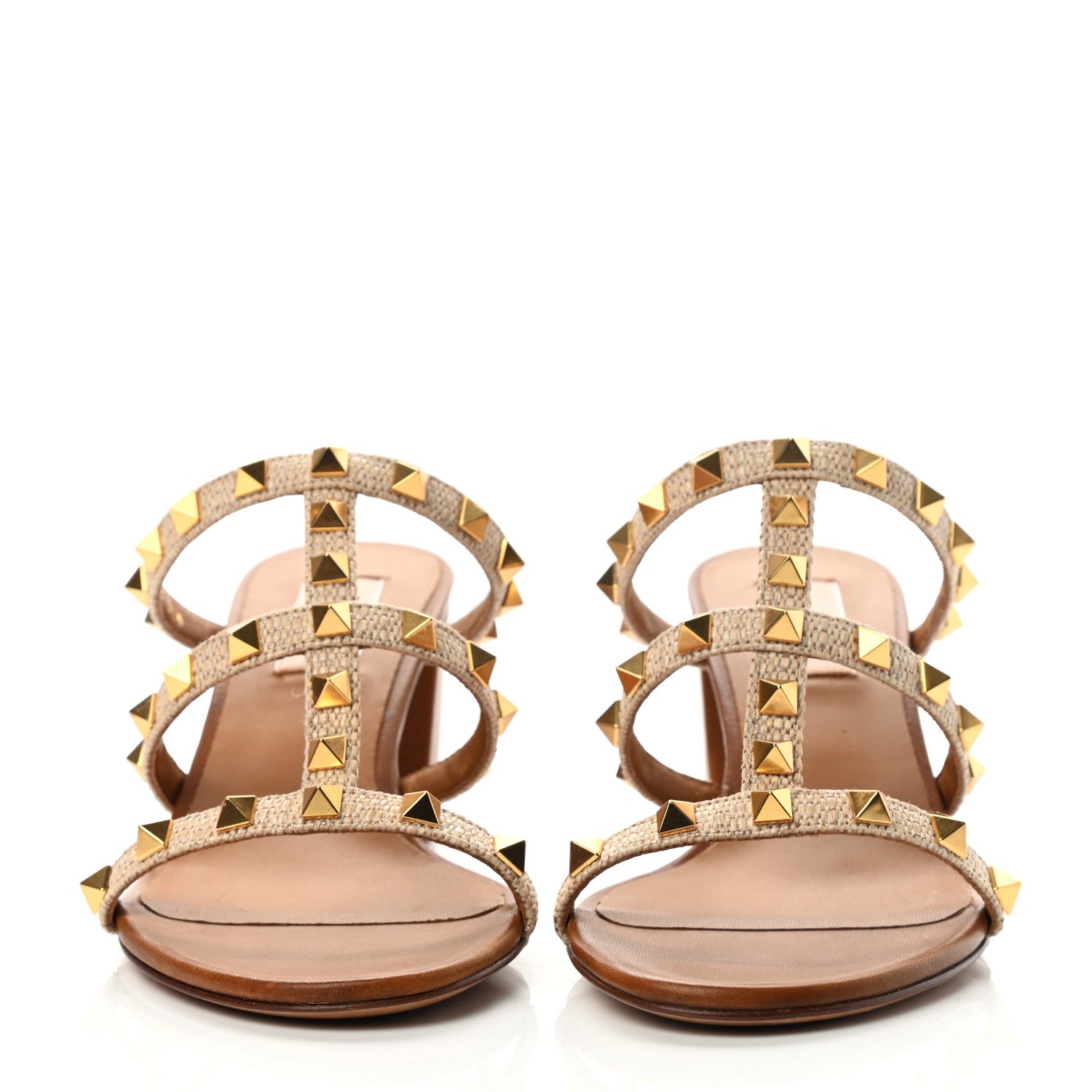 Valentino Garavani Raffia Calfskin Rockstud 60mm Caged Slide Sandals 37.5 Naturale 2 of 11